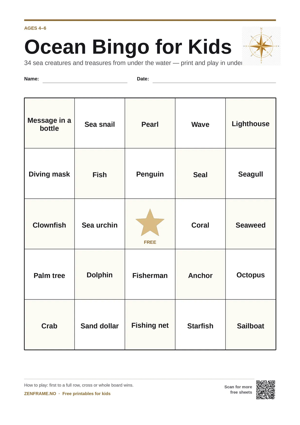 Ocean Bingo for kids ages 4–6 – free printable A4 board