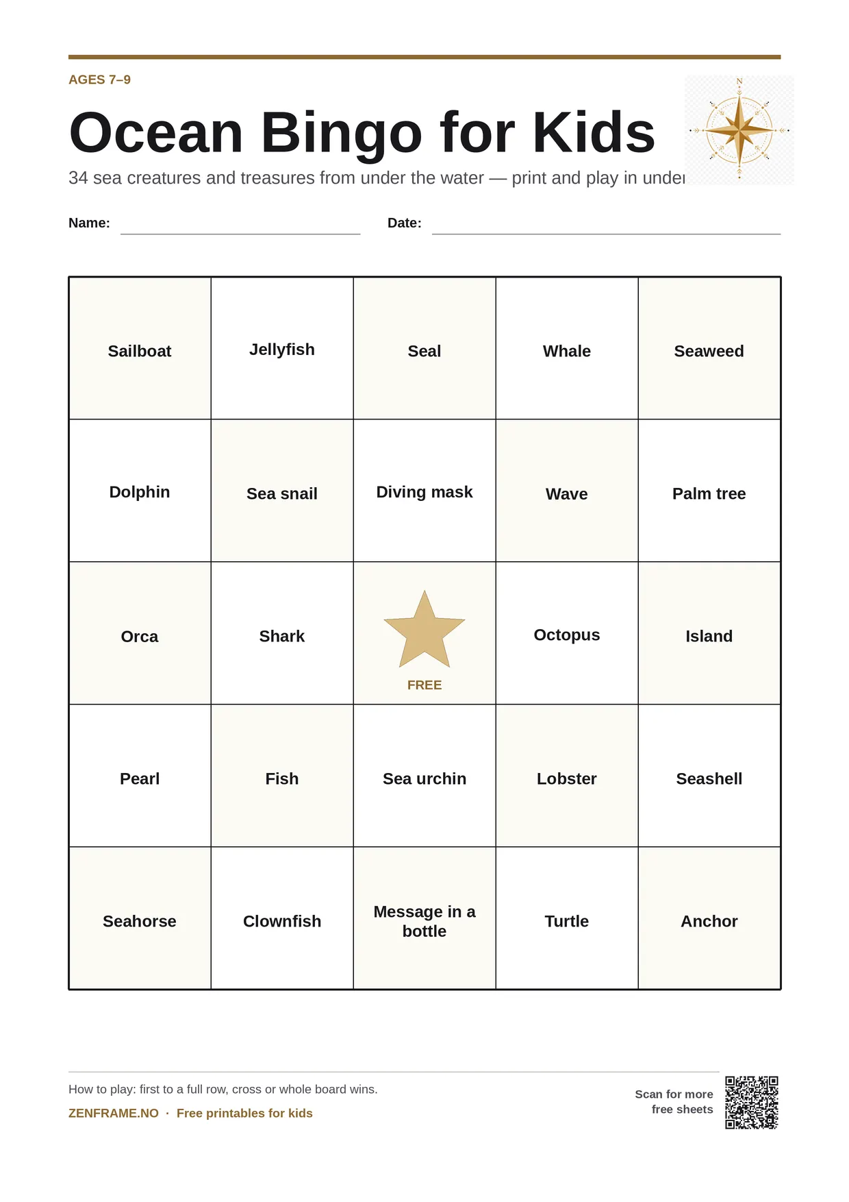Ocean Bingo for kids ages 7–9 – free printable A4 board