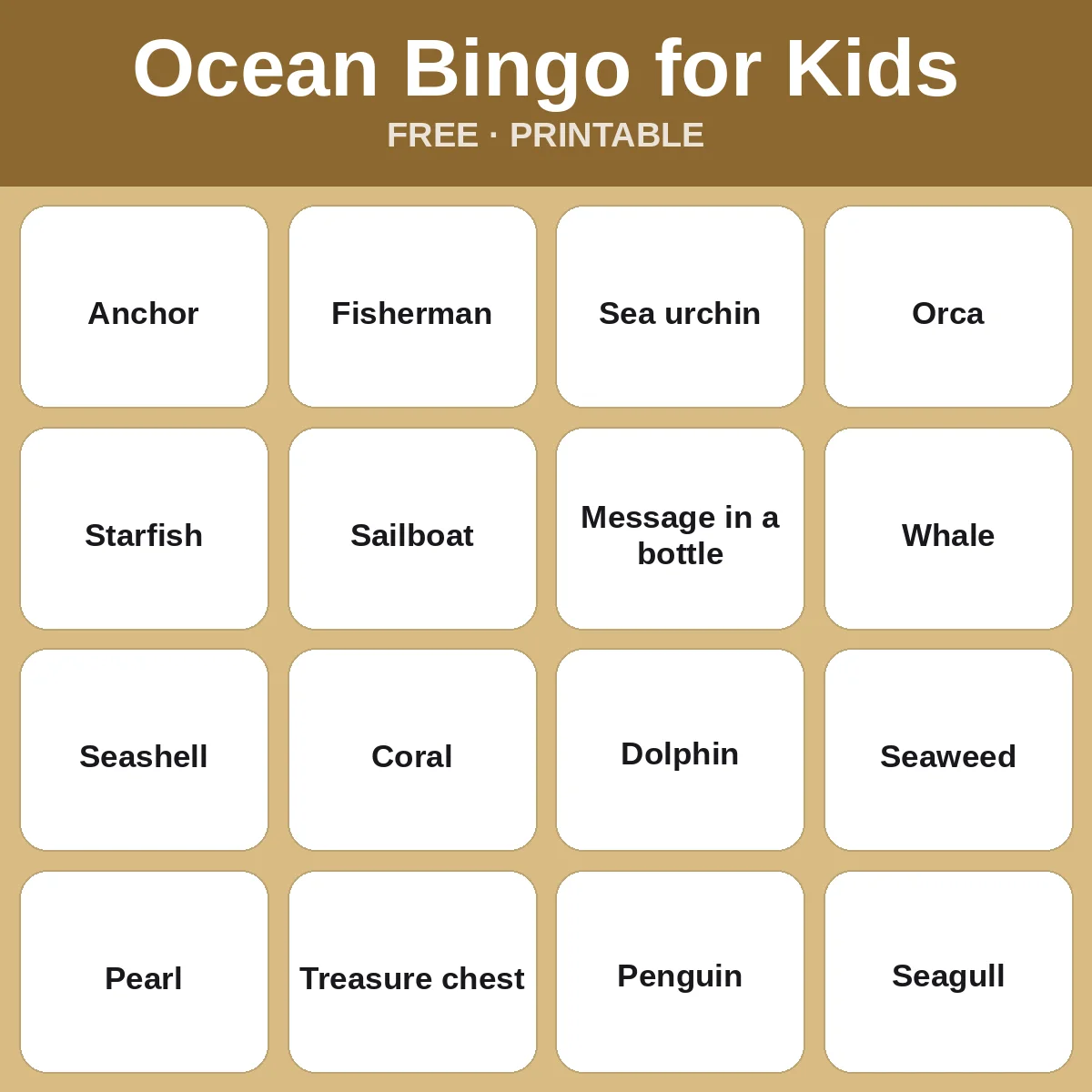 Ocean Bingo for Kids – free printable bingo for kids