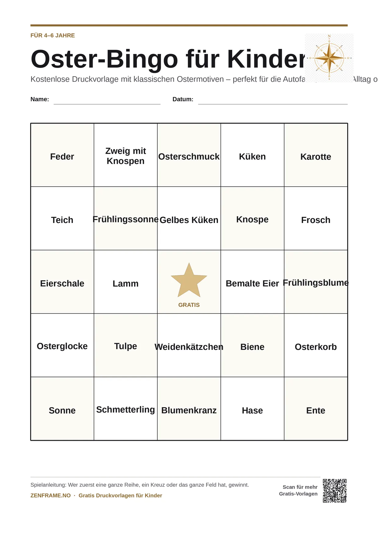 Oster-Bingo für Kinder 4–6 Jahre – kostenlose A4-Vorlage zum Ausdrucken