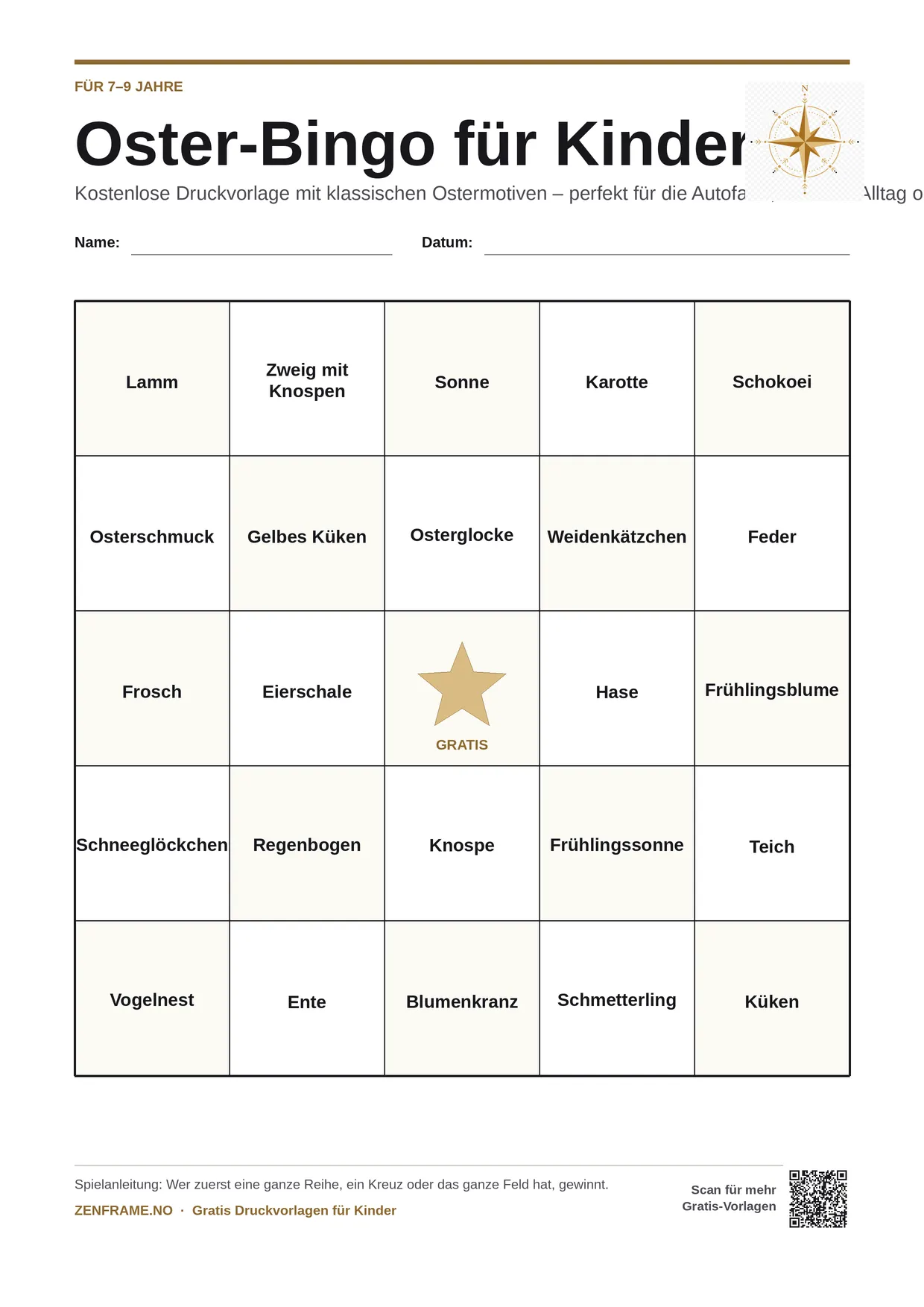 Oster-Bingo für Kinder 7–9 Jahre – kostenlose A4-Vorlage zum Ausdrucken