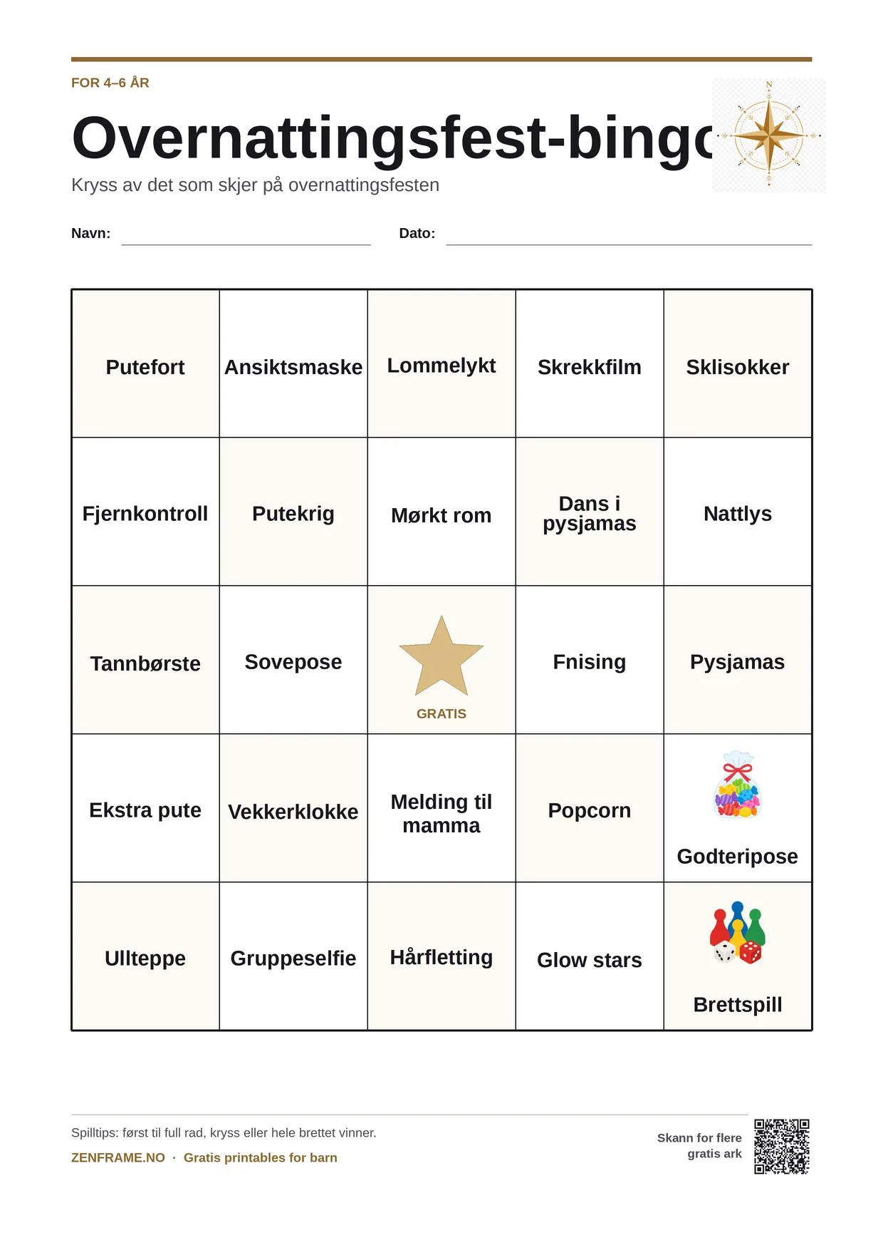 Overnattingsfest-bingo for barn 4–6 år – gratis utskrivbart A4-brett