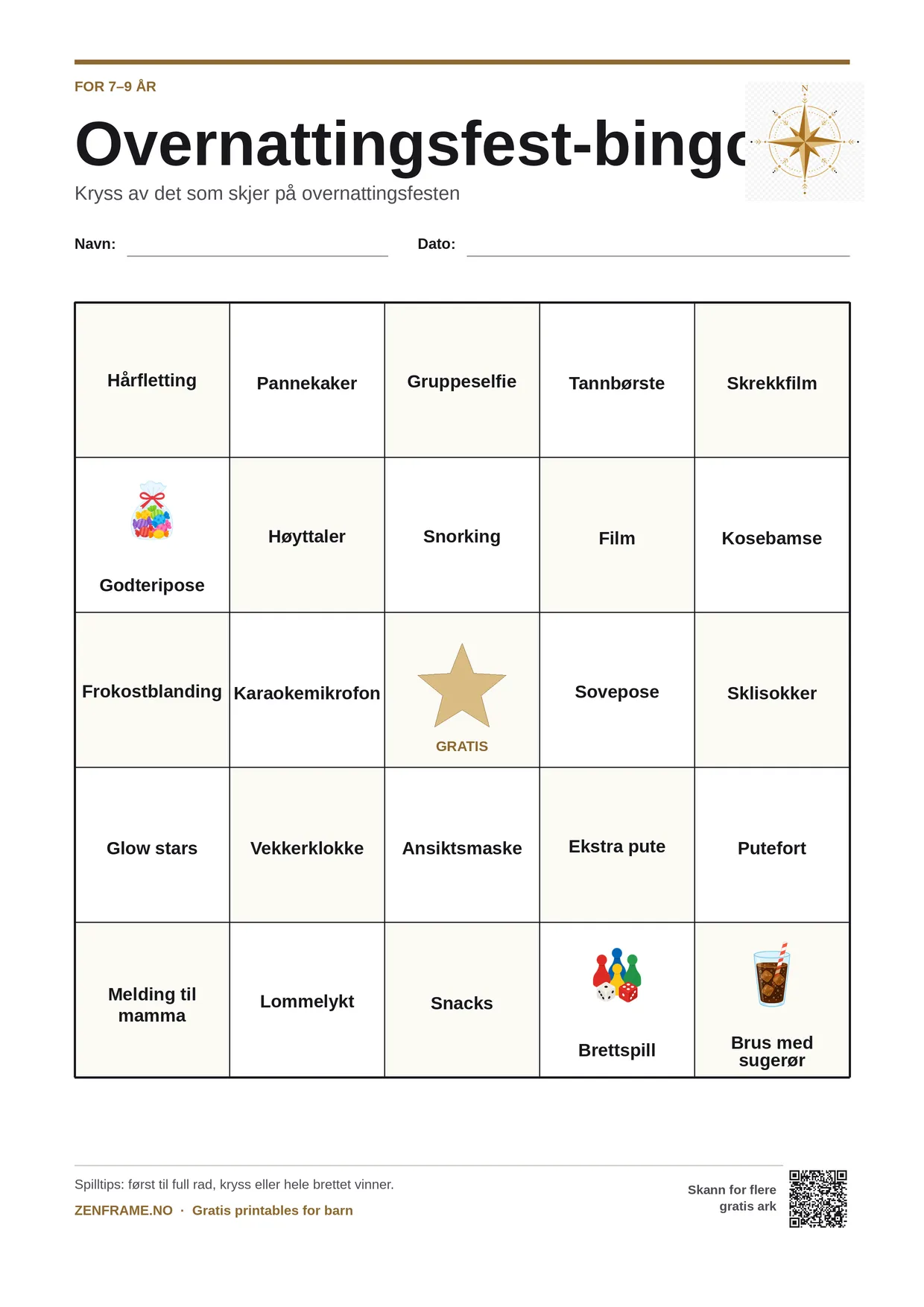 Overnattingsfest-bingo for barn 7–9 år – gratis utskrivbart A4-brett