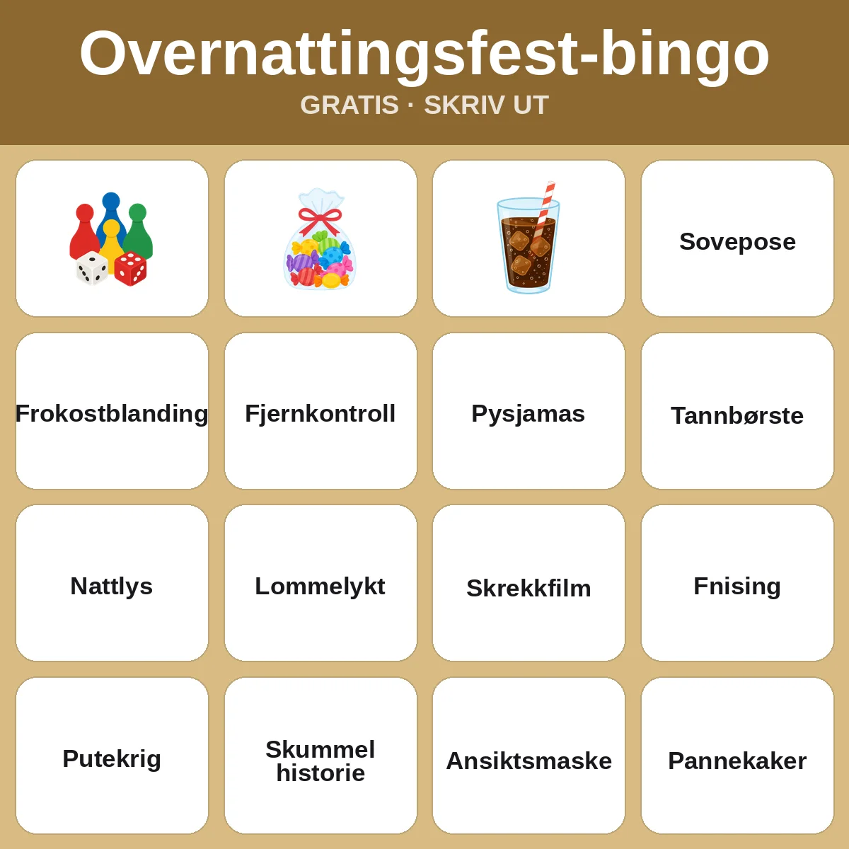Overnattingsfest-bingo – gratis bingo til utskrift for barn