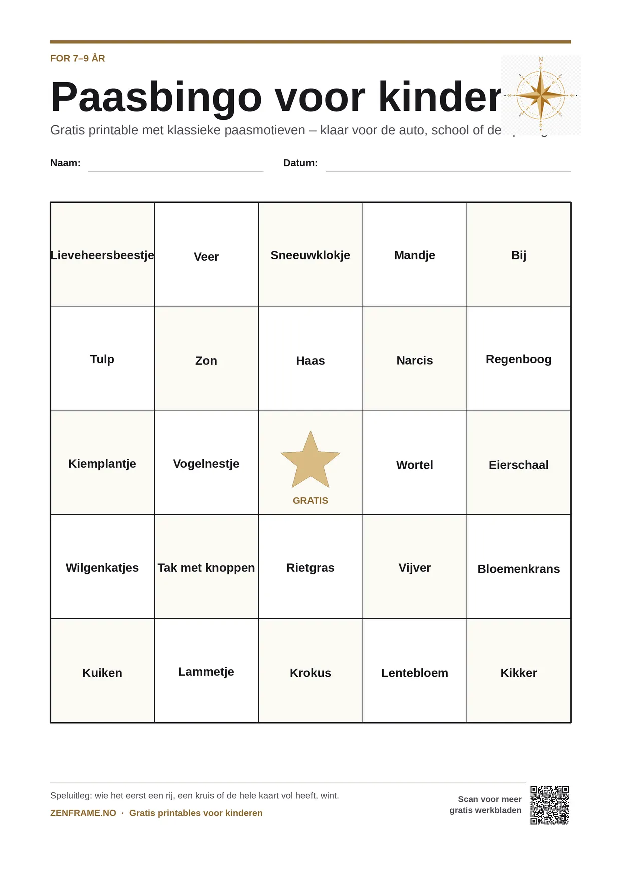 Paasbingo voor kinderen 7–9 jaar – gratis printbare A4-kaart