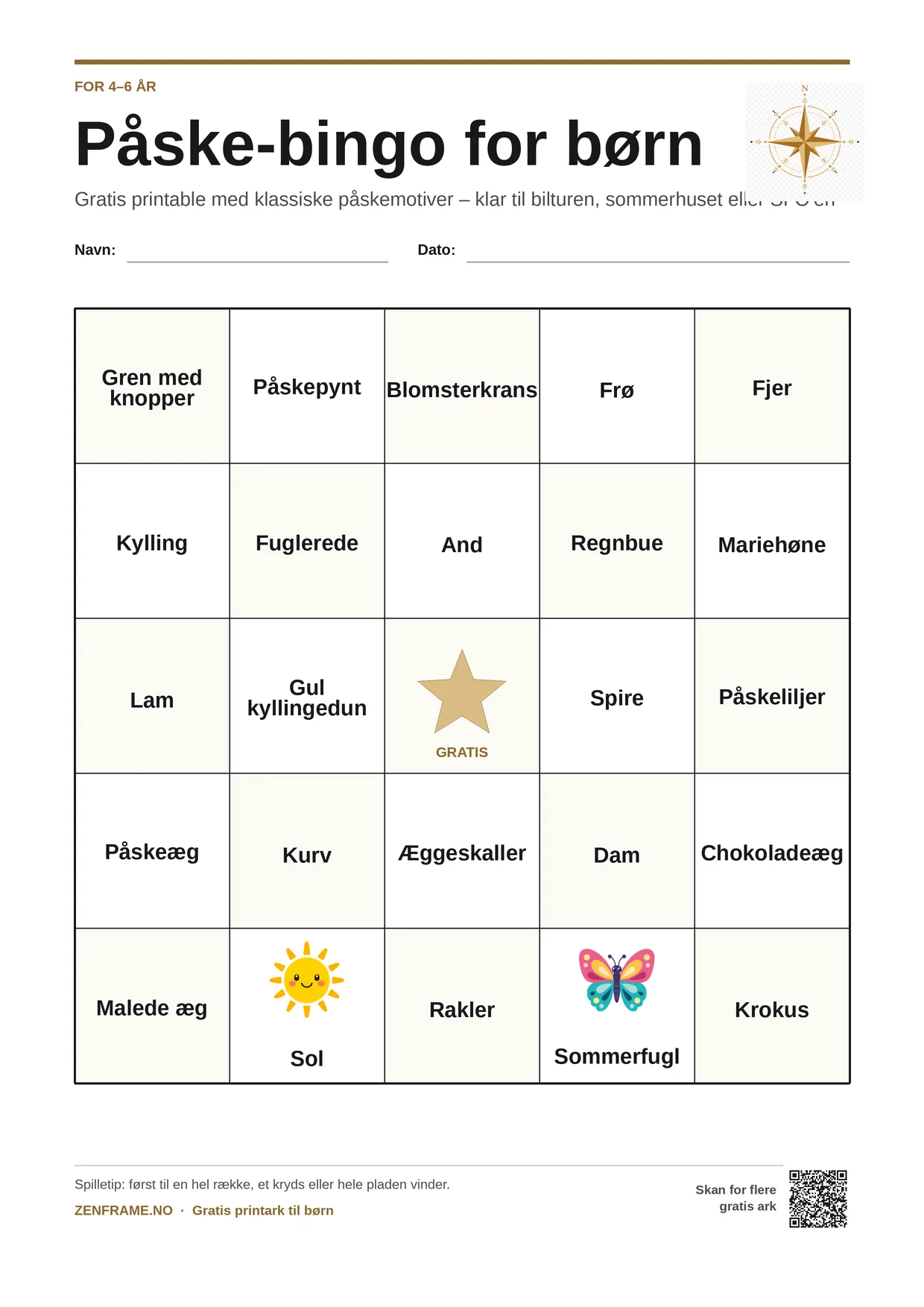 Påske-bingo for børn 4–6 år – gratis printbar A4-plade