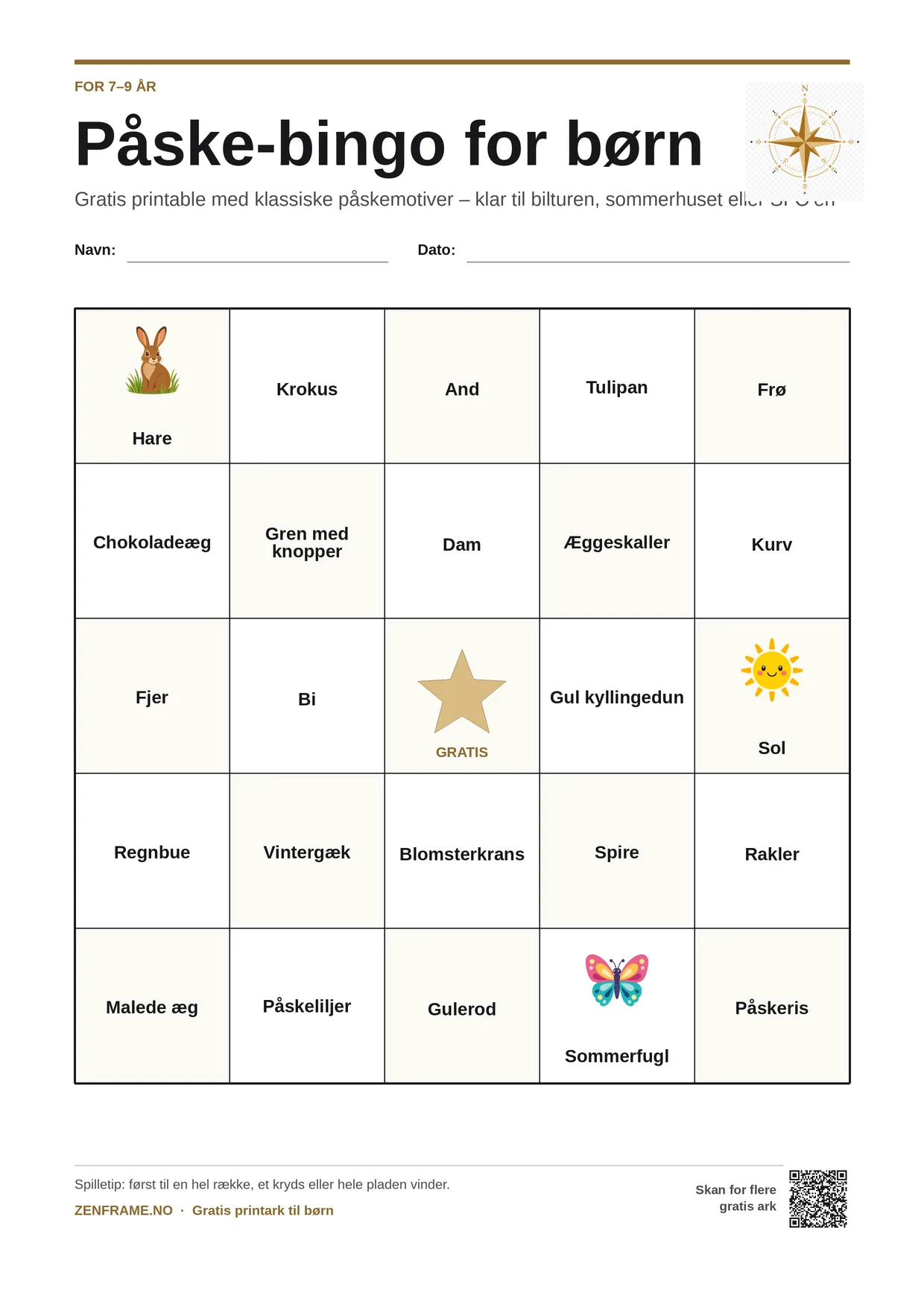 Påske-bingo for børn 7–9 år – gratis printbar A4-plade