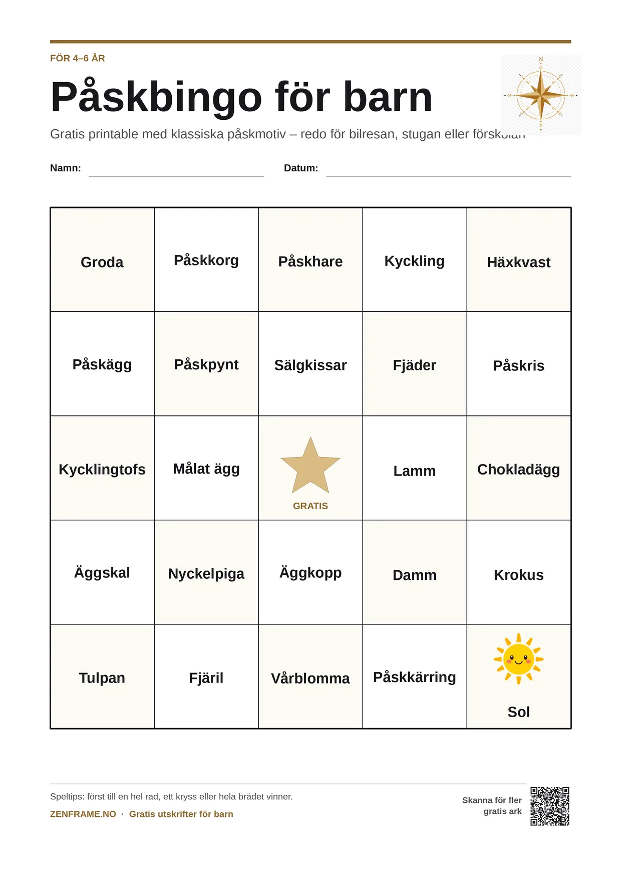 Påskbingo för barn 4–6 år – gratis utskrivbart A4-bräde