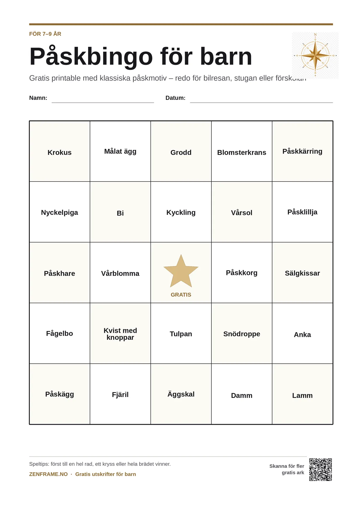 Påskbingo för barn 7–9 år – gratis utskrivbart A4-bräde