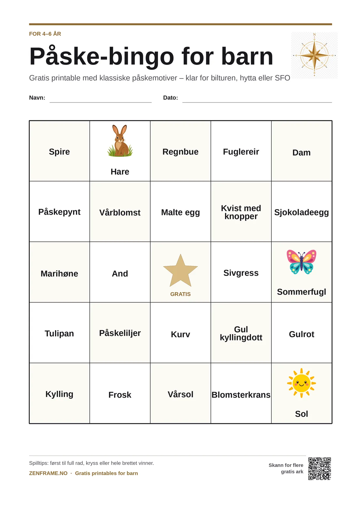 Påske-bingo for barn 4–6 år – gratis utskrivbart A4-brett