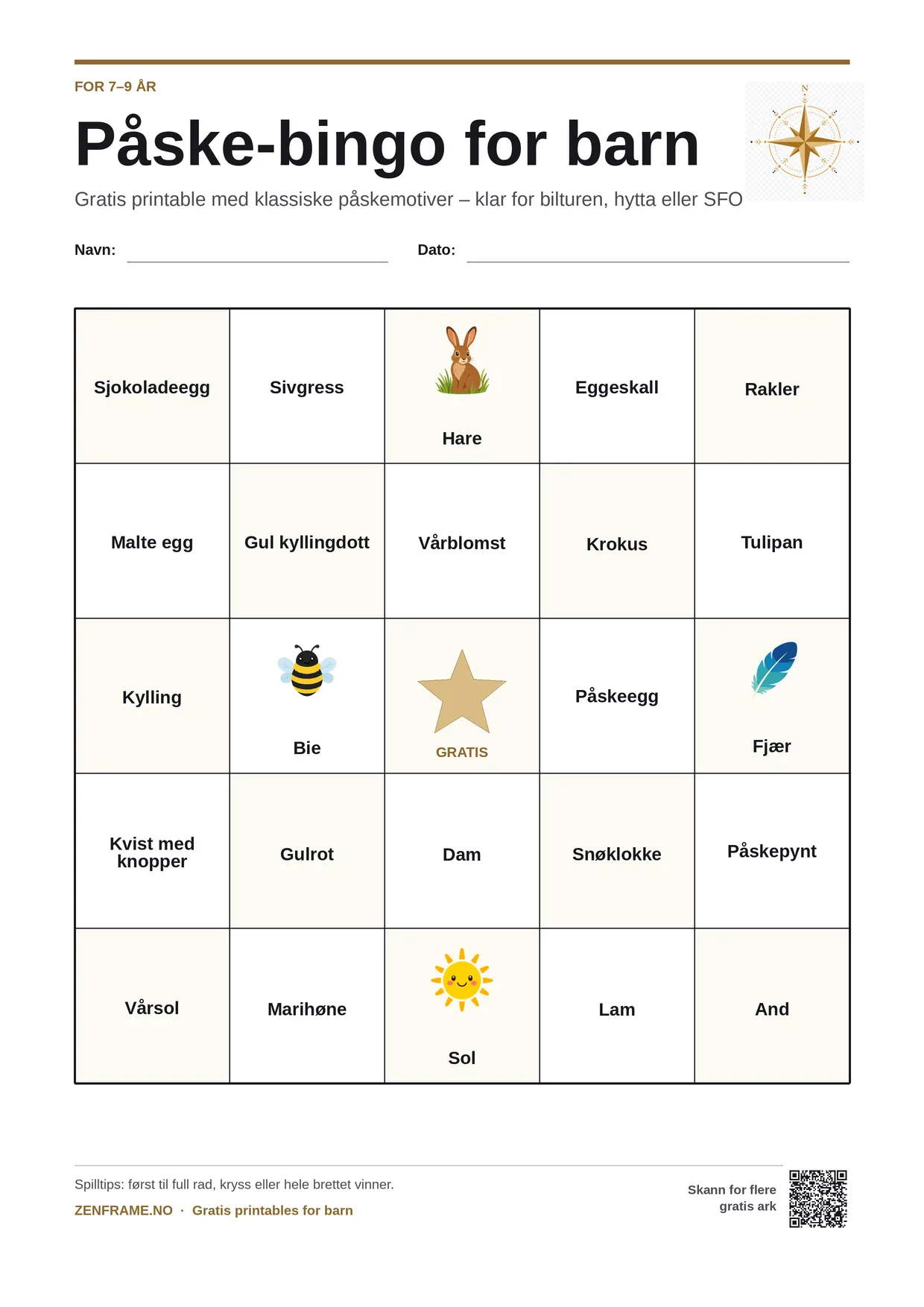 Påske-bingo for barn 7–9 år – gratis utskrivbart A4-brett