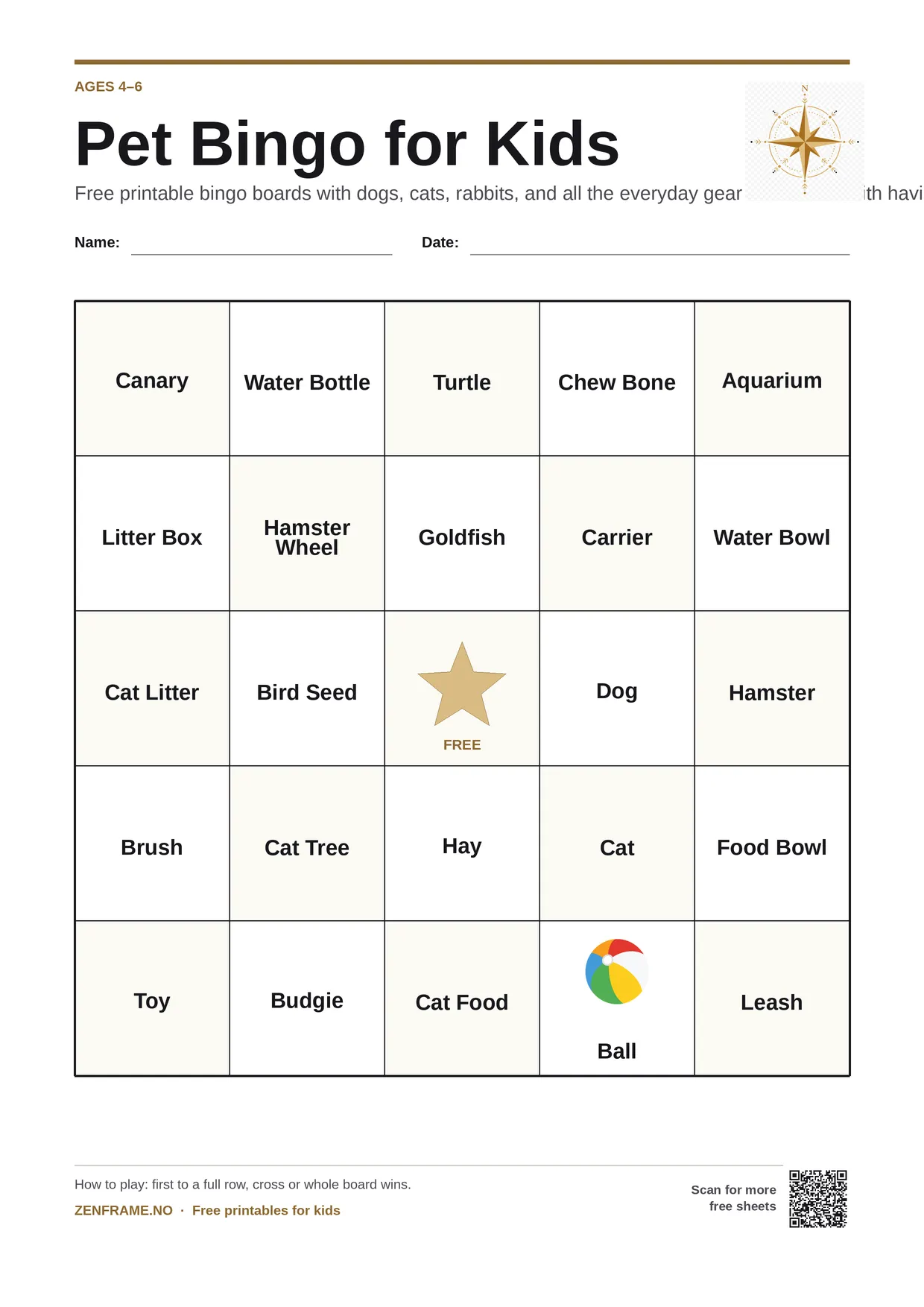 Pet Bingo for kids ages 4–6 – free printable A4 board