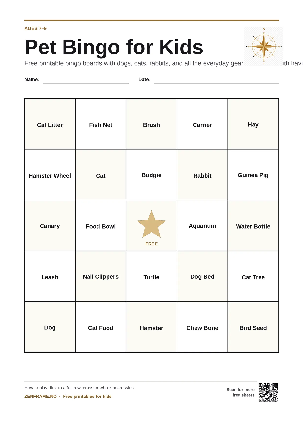 Pet Bingo for kids ages 7–9 – free printable A4 board