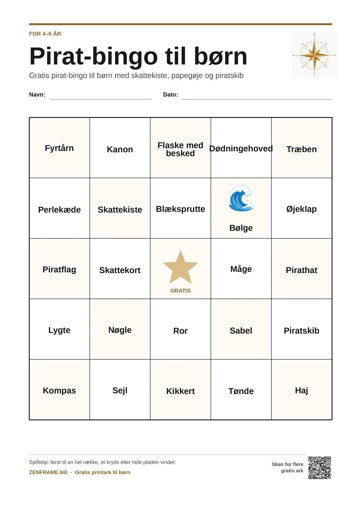 Pirat-bingo for børn 4–6 år – gratis printbar A4-plade