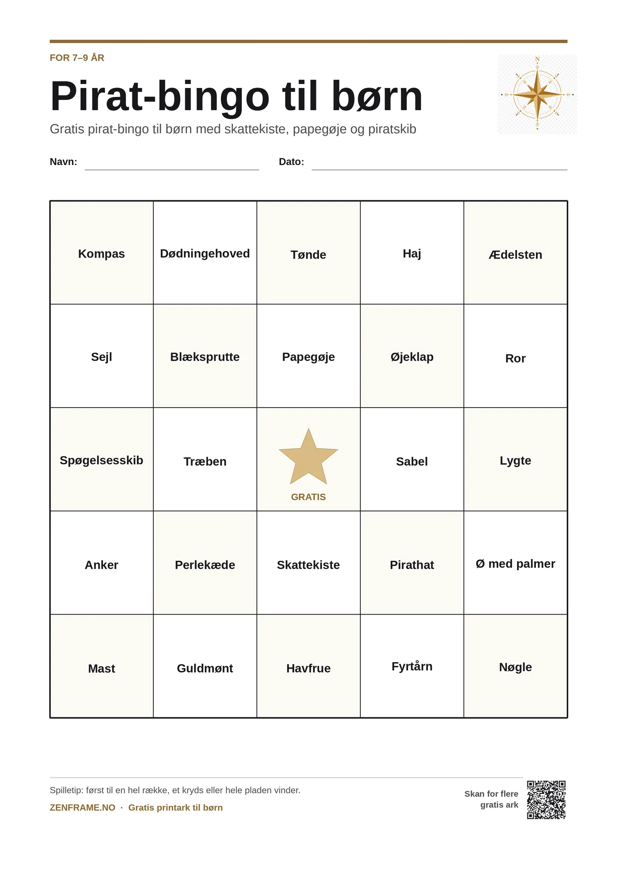 Pirat-bingo for børn 7–9 år – gratis printbar A4-plade