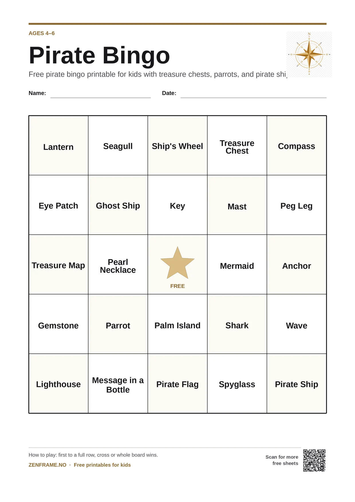 Pirate Bingo for kids ages 4–6 – free printable A4 board