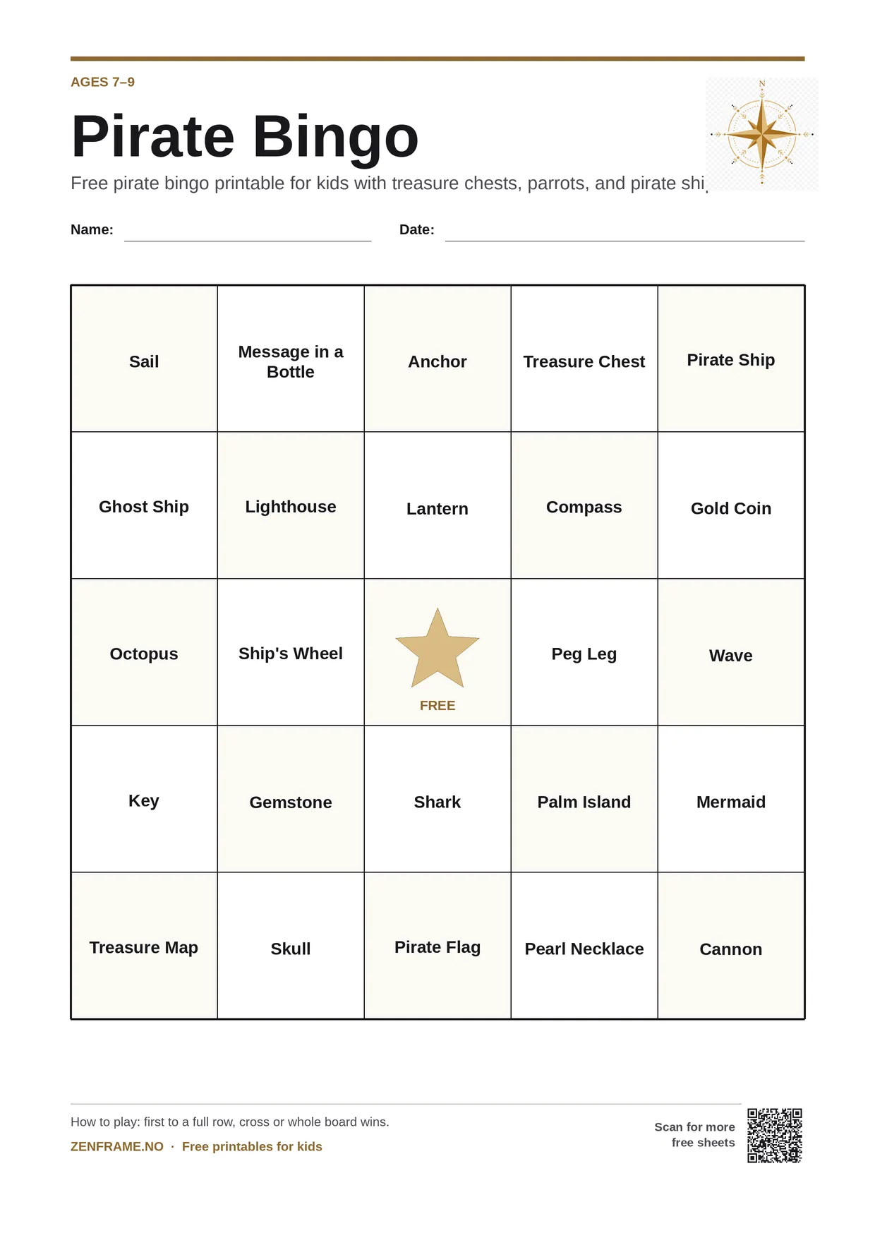 Pirate Bingo for kids ages 7–9 – free printable A4 board