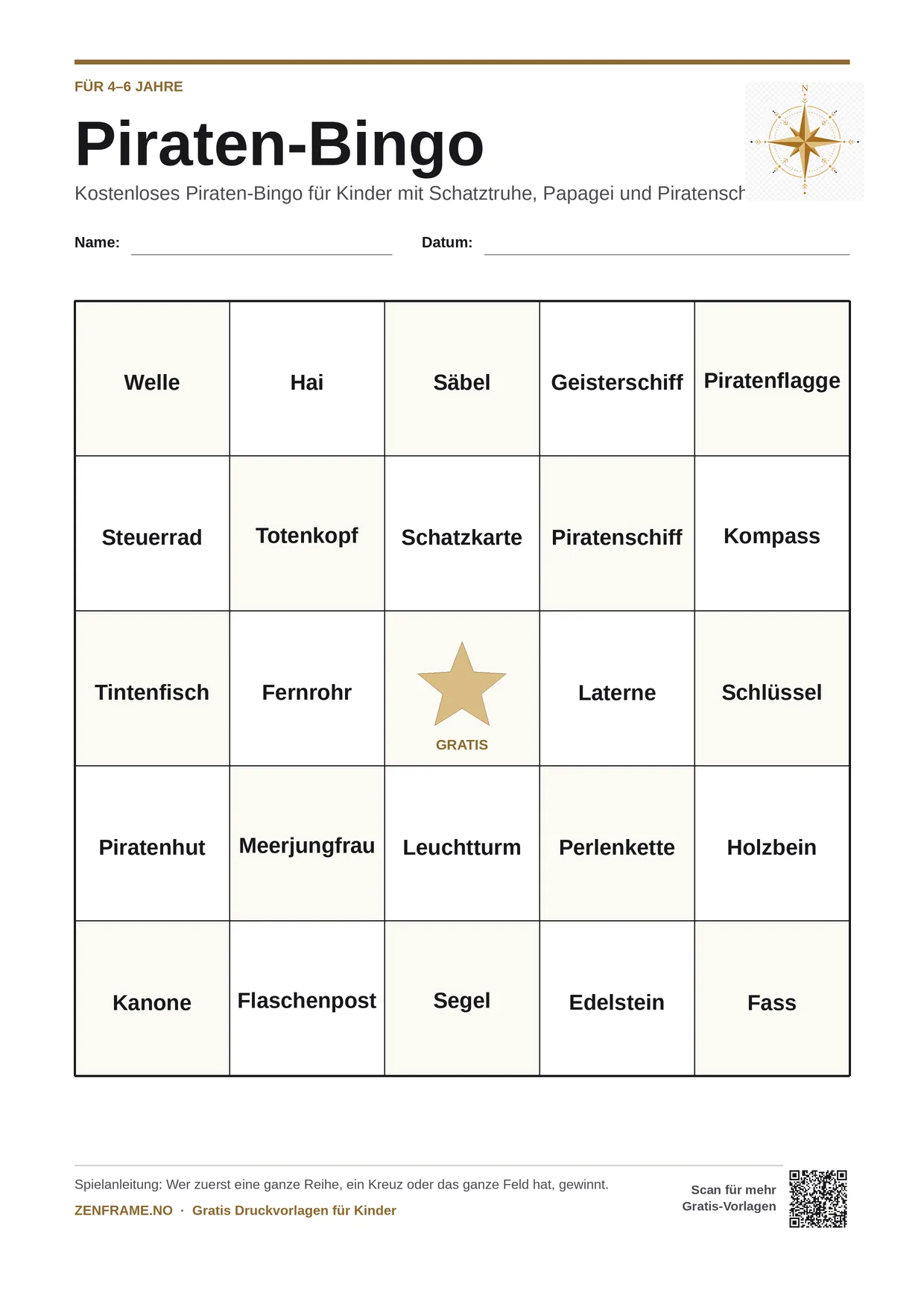 Piraten-Bingo für Kinder 4–6 Jahre – kostenlose A4-Vorlage zum Ausdrucken