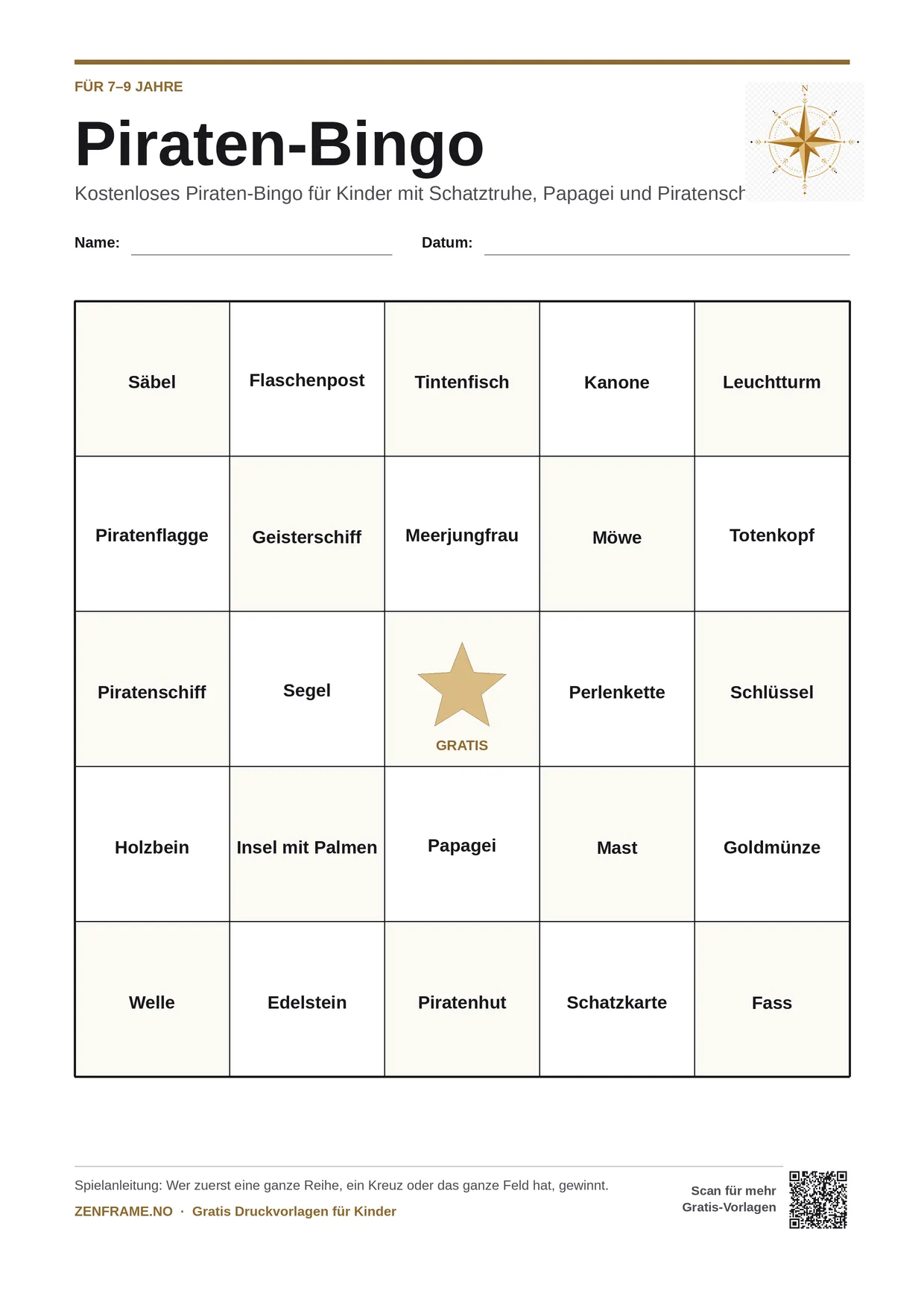 Piraten-Bingo für Kinder 7–9 Jahre – kostenlose A4-Vorlage zum Ausdrucken