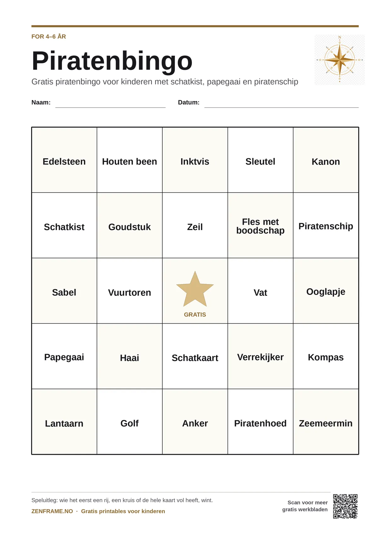 Piratenbingo voor kinderen 4–6 jaar – gratis printbare A4-kaart