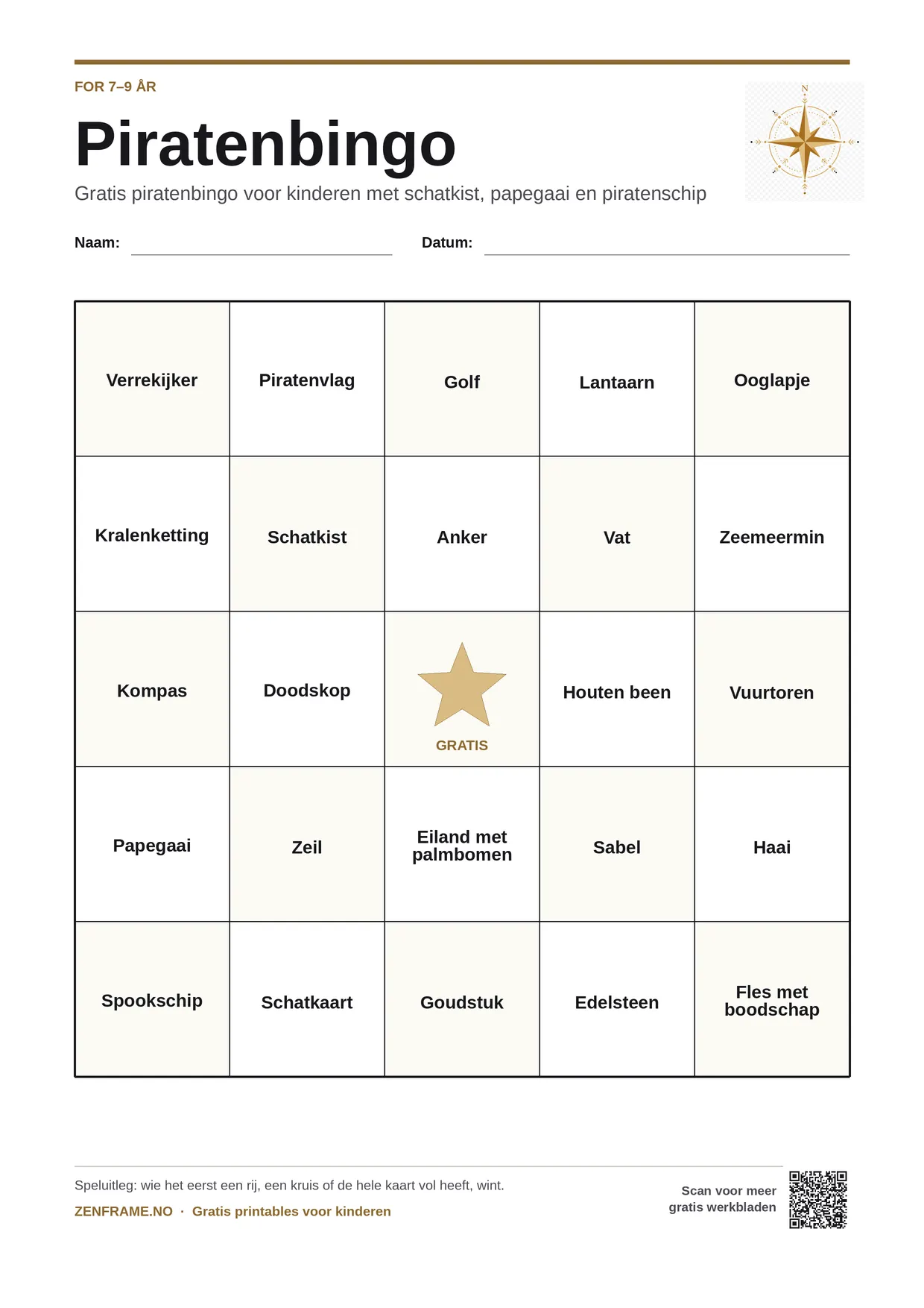 Piratenbingo voor kinderen 7–9 jaar – gratis printbare A4-kaart