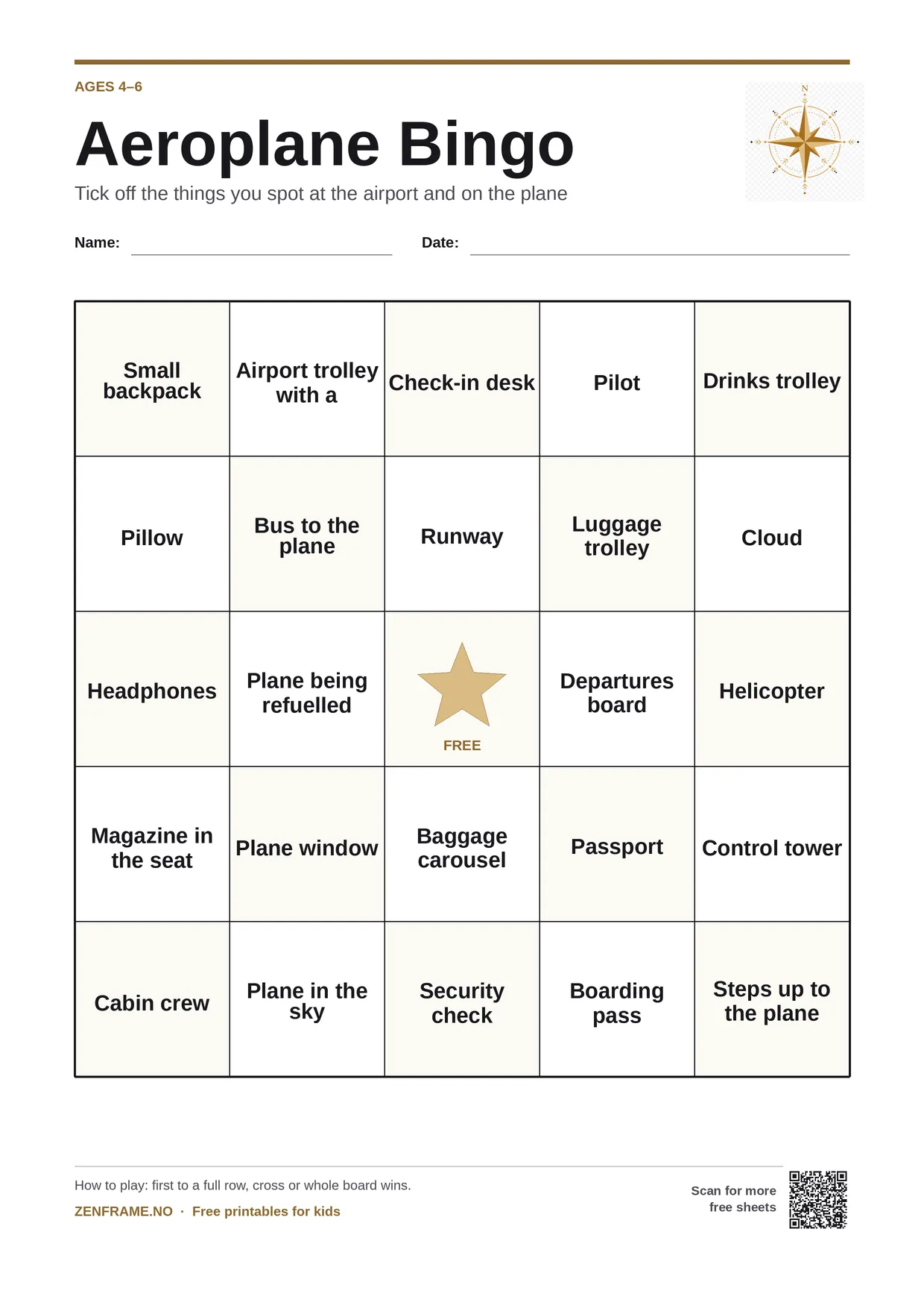 Aeroplane Bingo for kids ages 4–6 – free printable A4 board