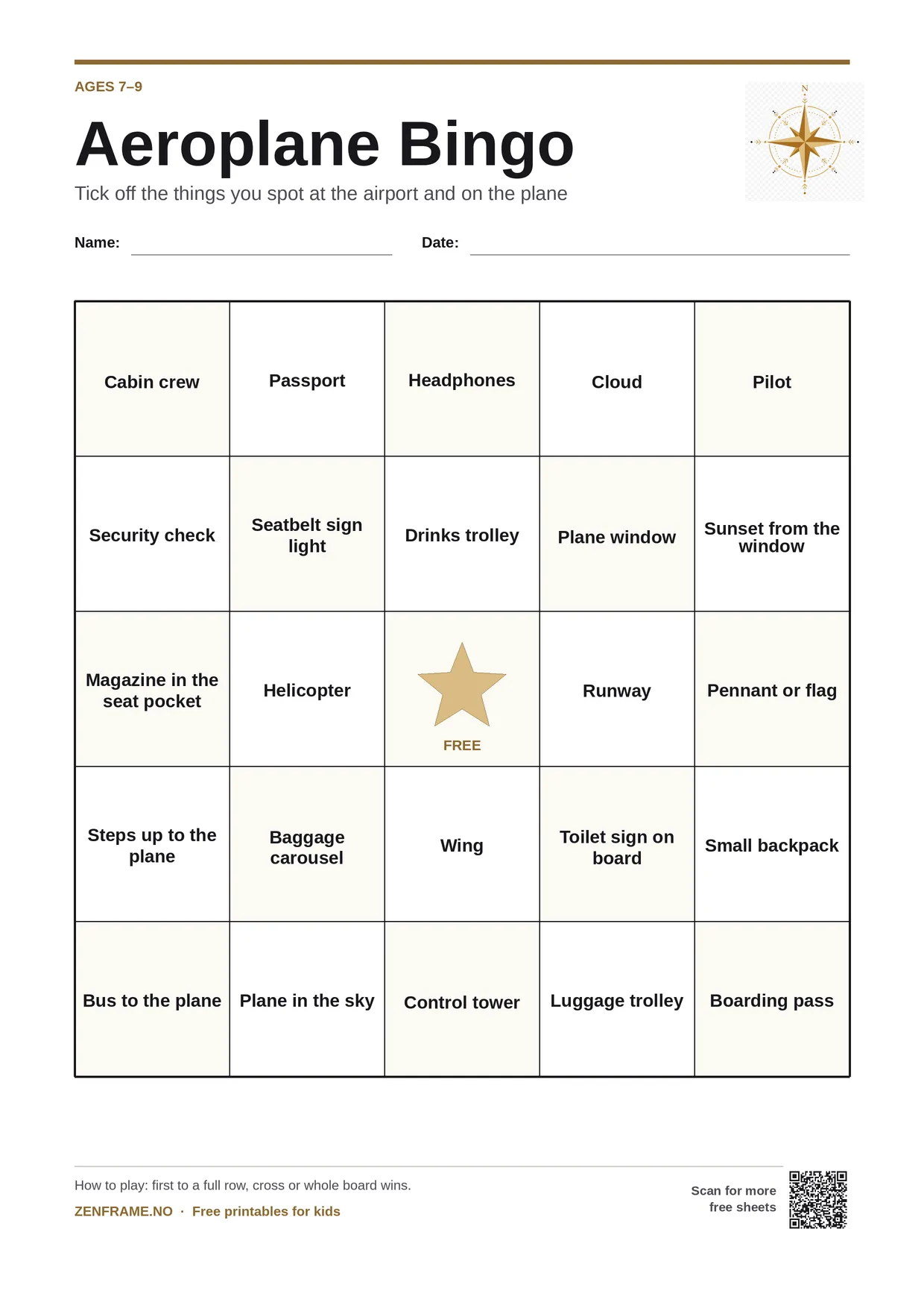 Aeroplane Bingo for kids ages 7–9 – free printable A4 board
