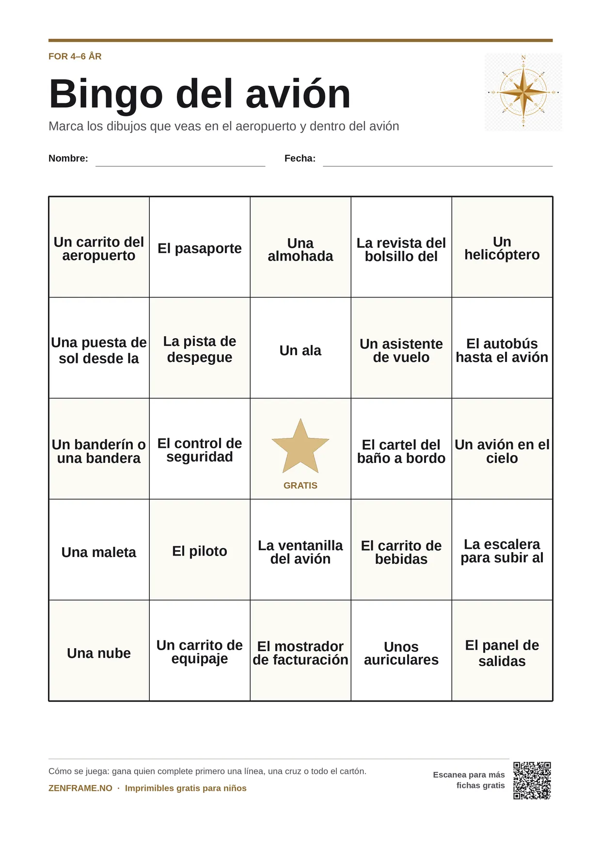 Bingo del avión para niños 4–6 años – tablero A4 gratis para imprimir
