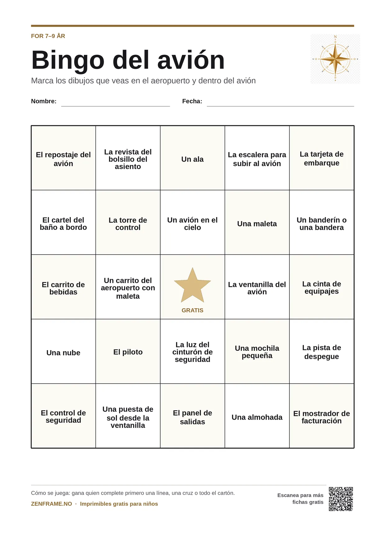 Bingo del avión para niños 7–9 años – tablero A4 gratis para imprimir