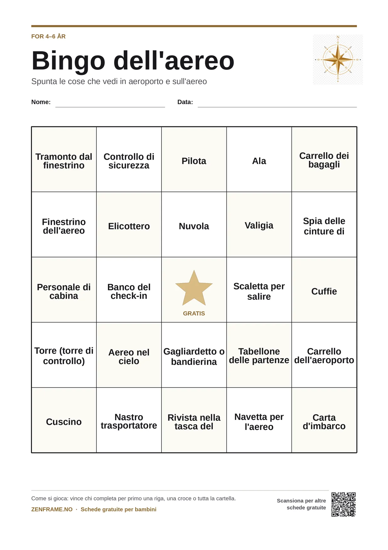 Bingo dell'aereo per bambini 4–6 anni – cartella A4 gratis da stampare
