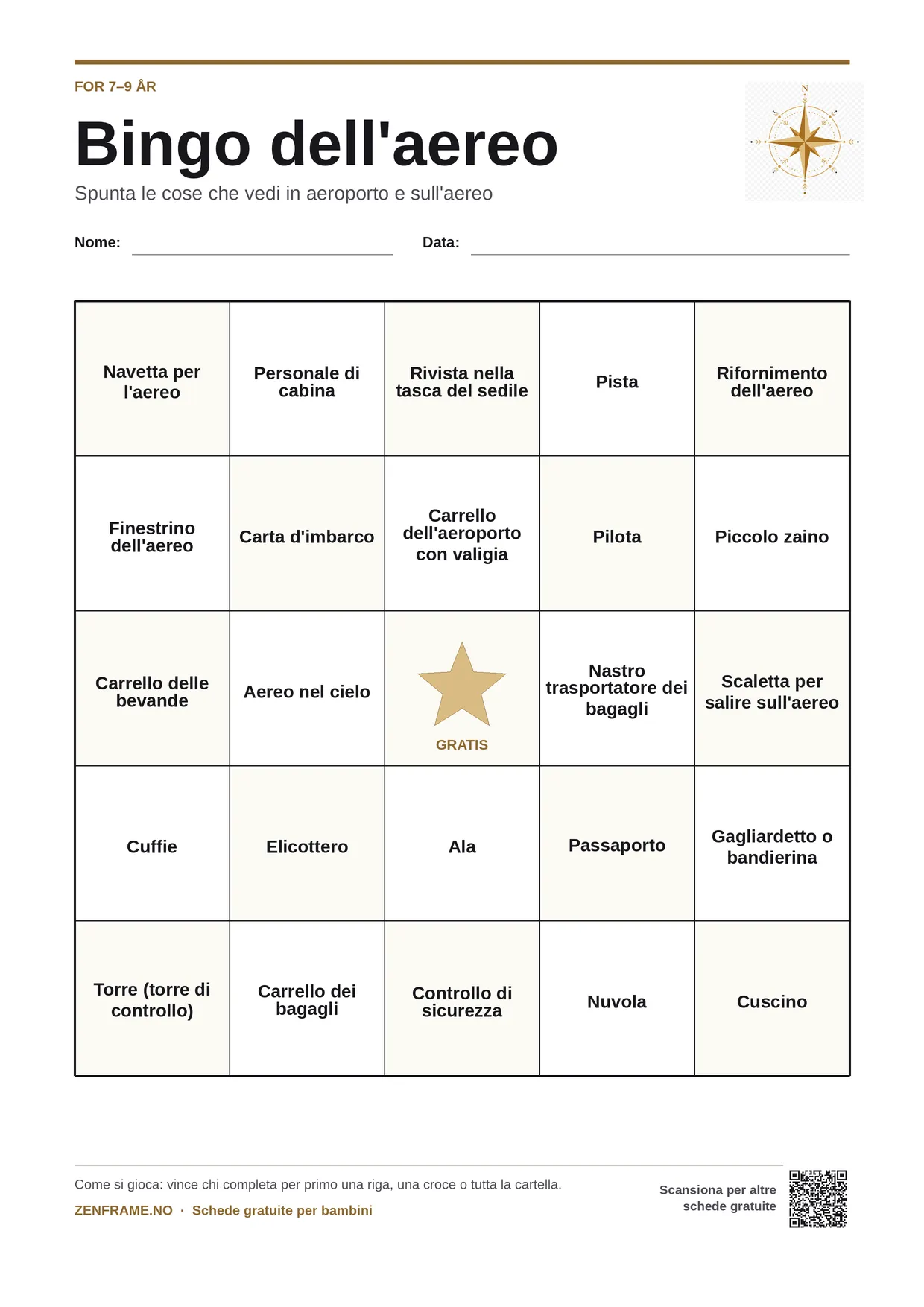 Bingo dell'aereo per bambini 7–9 anni – cartella A4 gratis da stampare