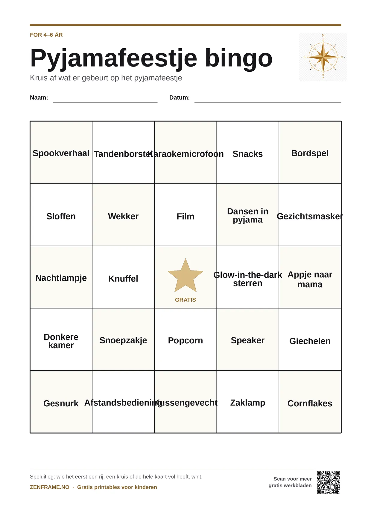 Pyjamafeestje bingo voor kinderen 4–6 jaar – gratis printbare A4-kaart