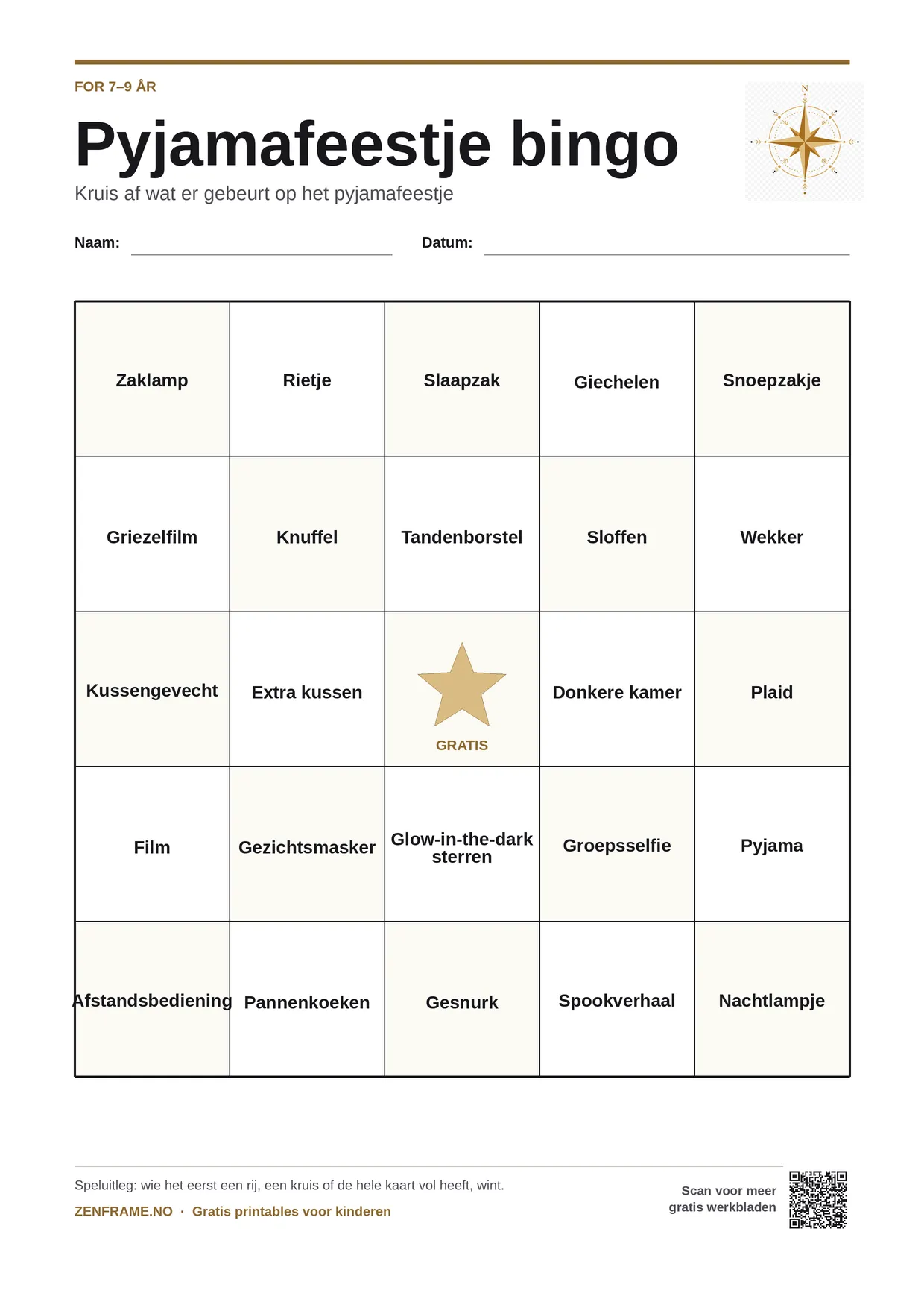 Pyjamafeestje bingo voor kinderen 7–9 jaar – gratis printbare A4-kaart