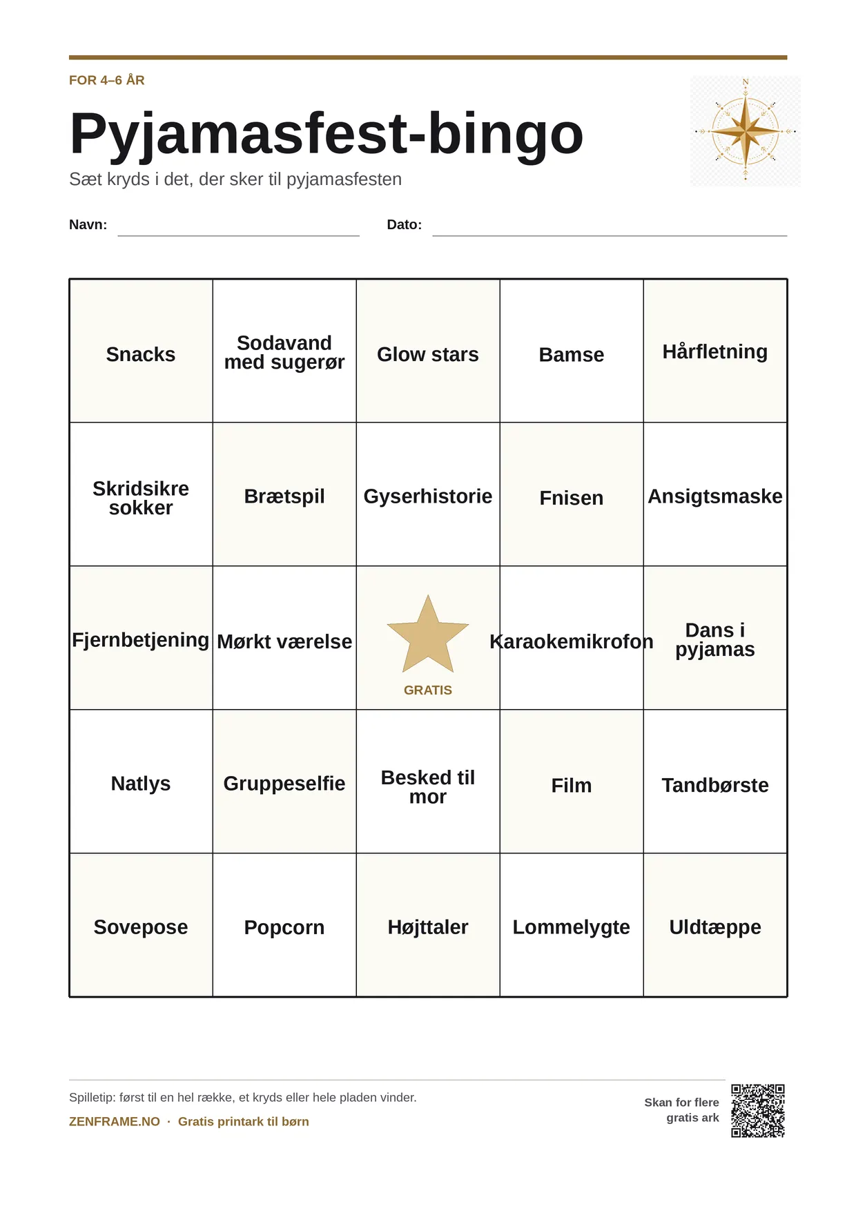 Pyjamasfest-bingo for børn 4–6 år – gratis printbar A4-plade