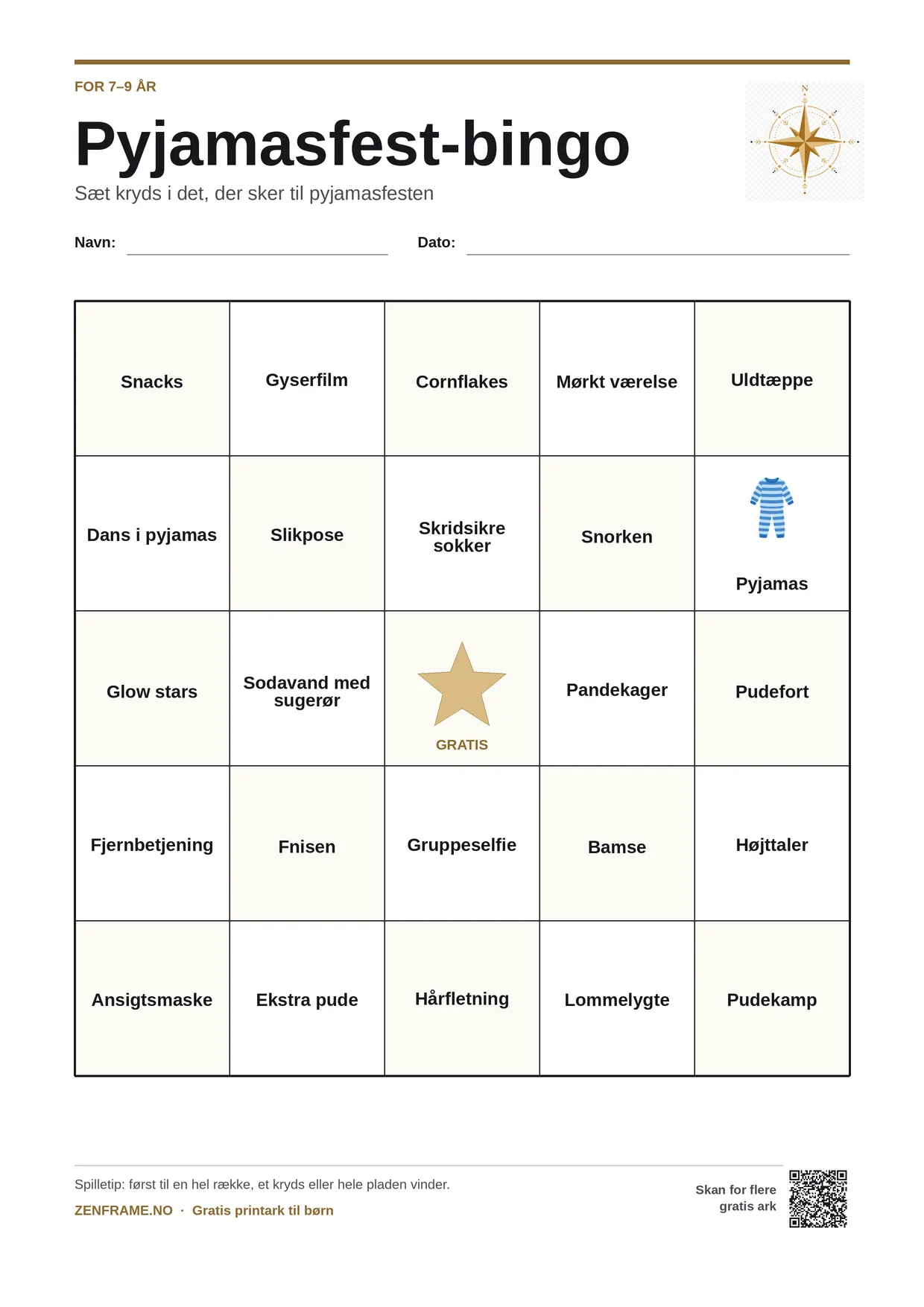 Pyjamasfest-bingo for børn 7–9 år – gratis printbar A4-plade