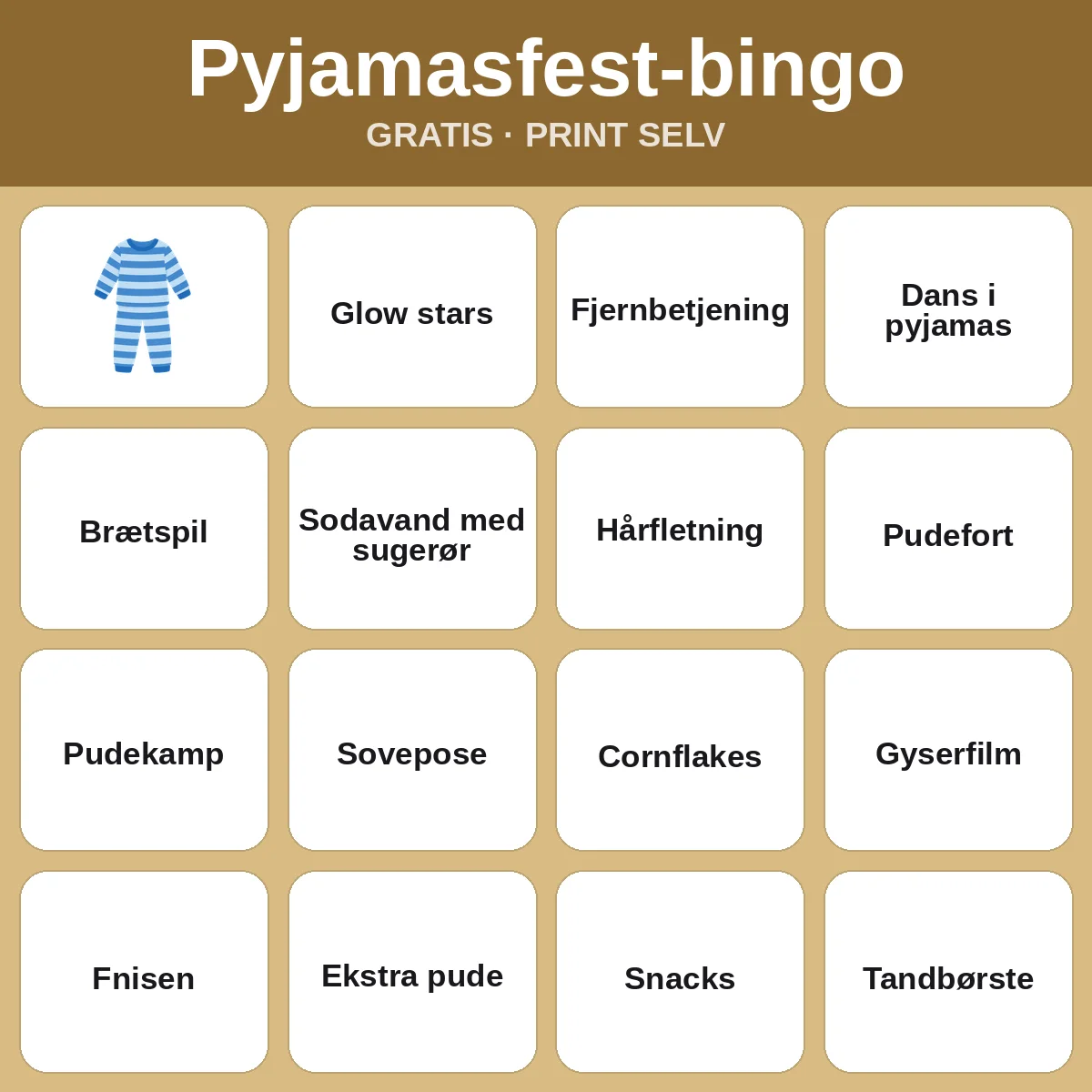Pyjamasfest-bingo – gratis bingo til print for børn