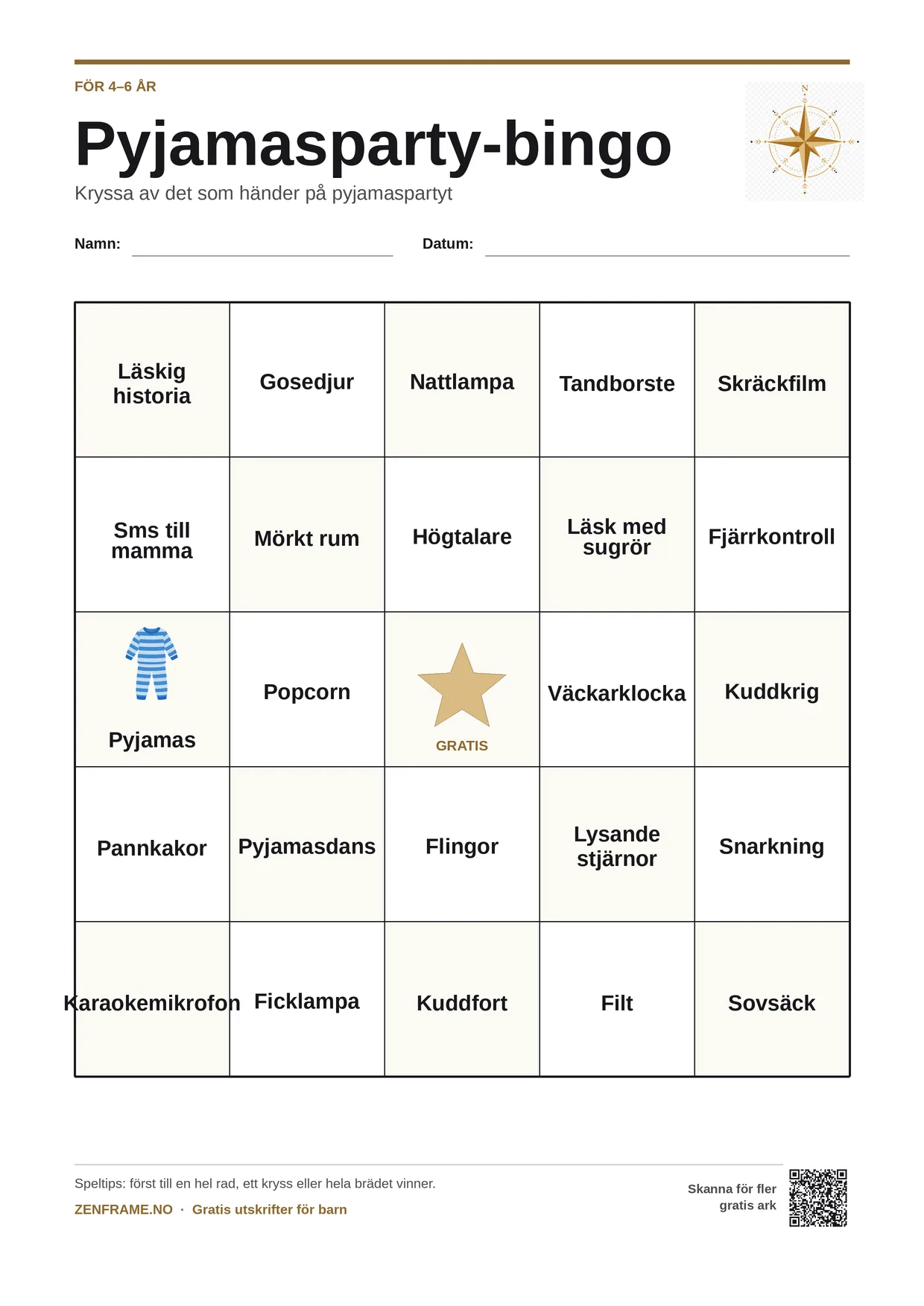 Pyjamasparty-bingo för barn 4–6 år – gratis utskrivbart A4-bräde