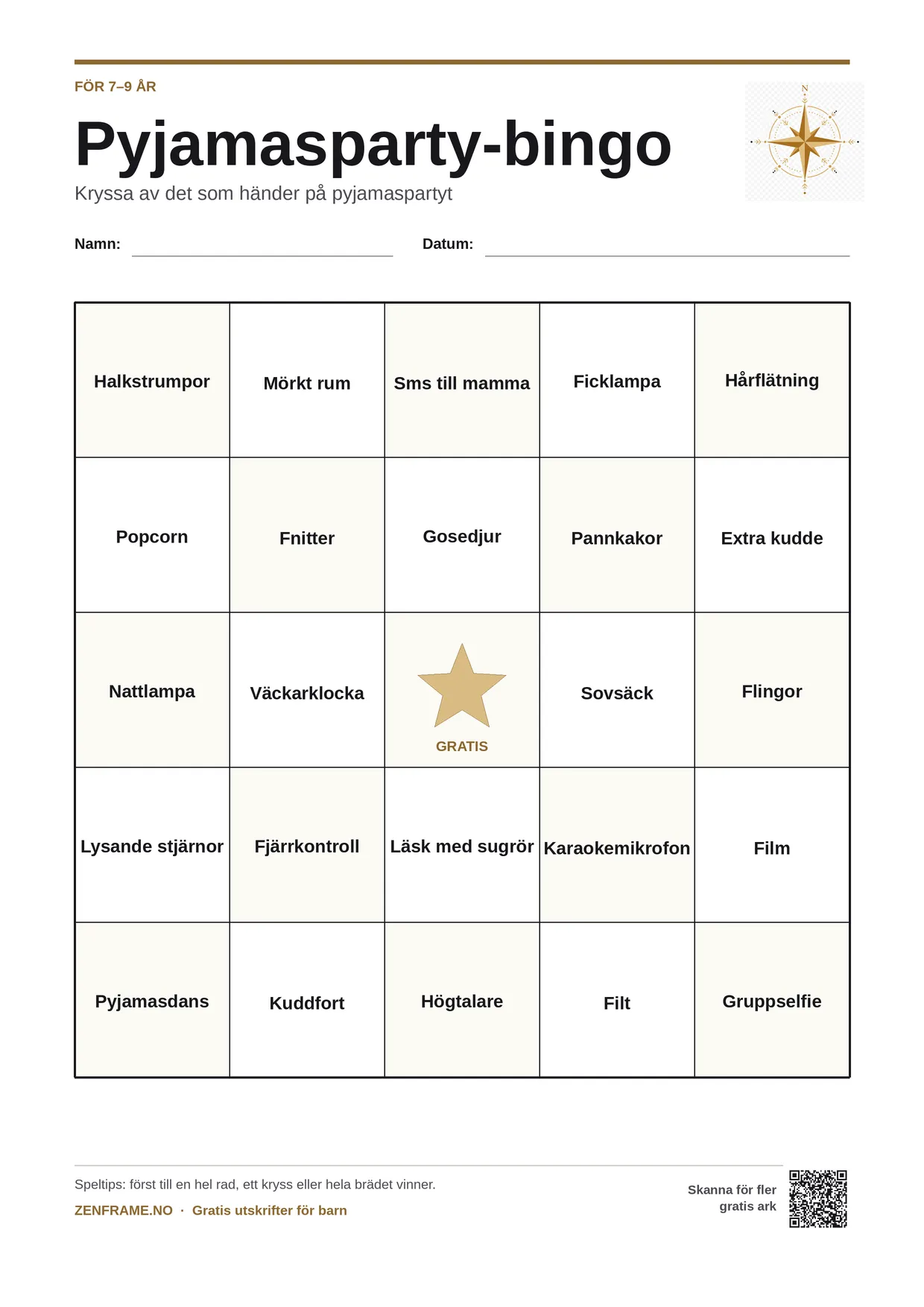 Pyjamasparty-bingo för barn 7–9 år – gratis utskrivbart A4-bräde