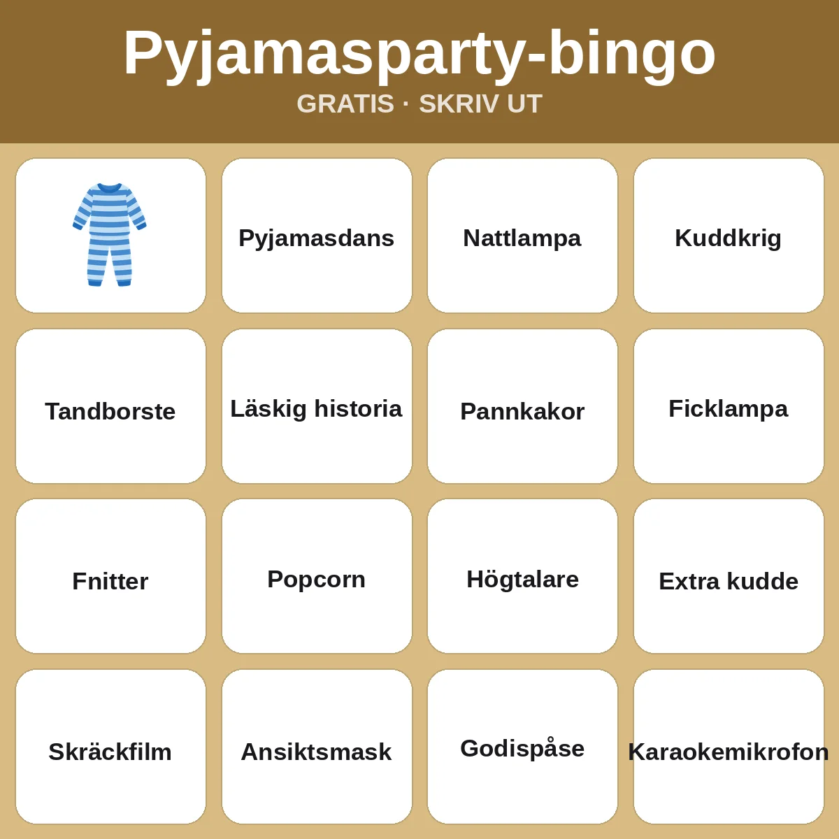 Pyjamasparty-bingo – gratis bingo att skriva ut för barn