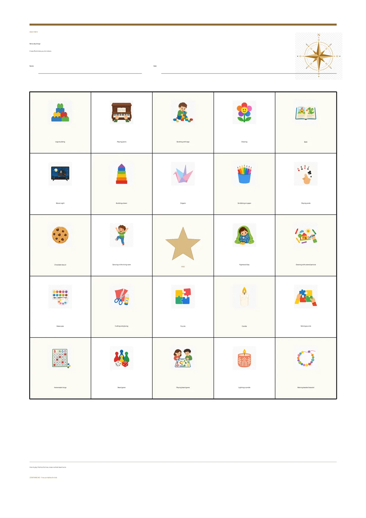 Rainy day bingo for kids ages 10–12 – free printable A4 board