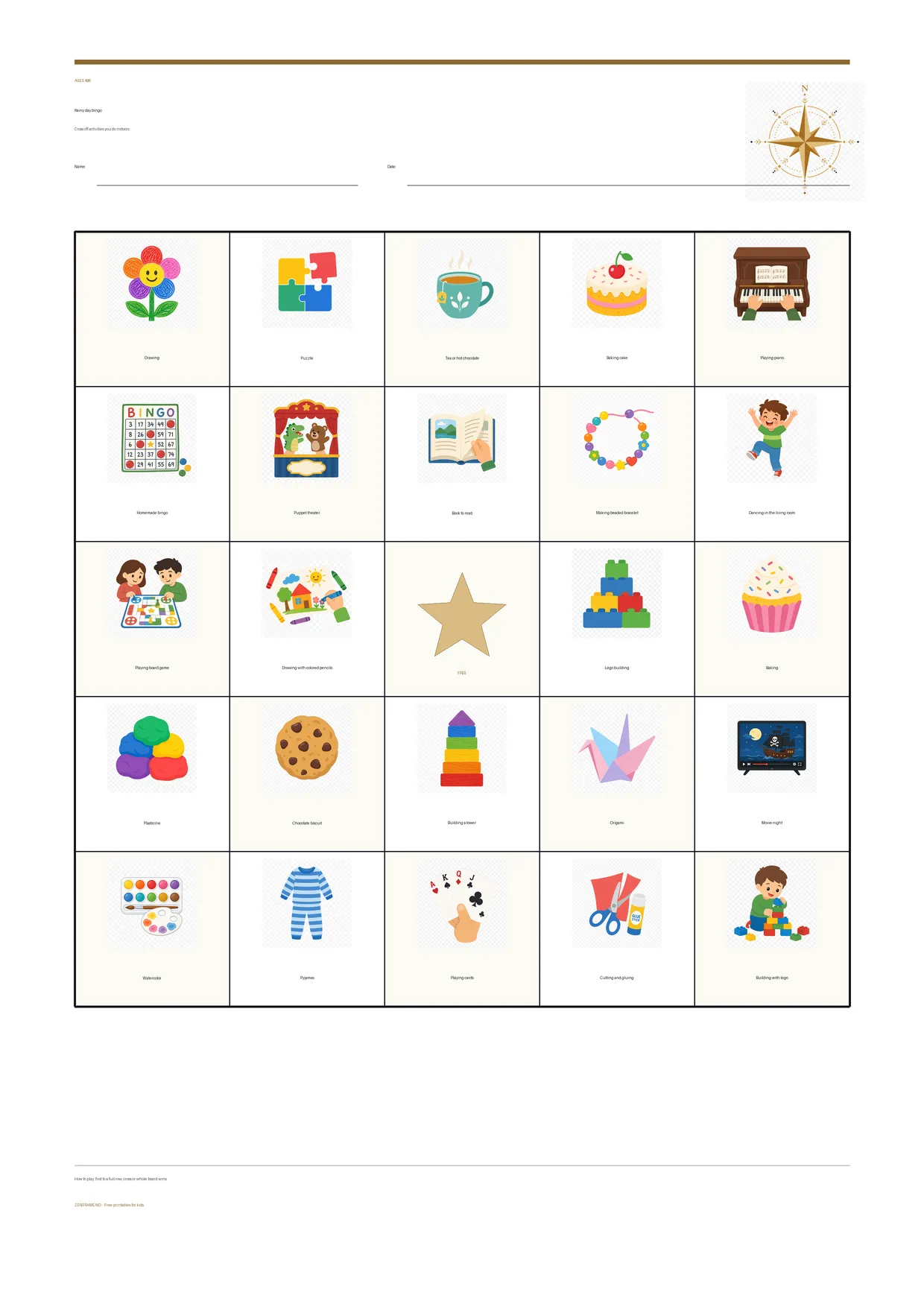 Rainy day bingo for kids ages 4–6 – free printable A4 board