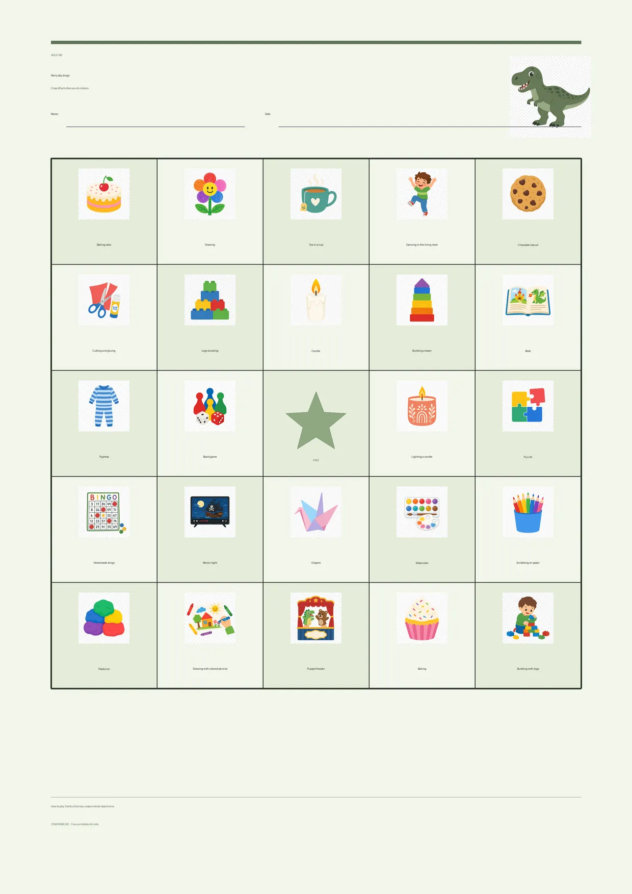 Rainy day bingo for kids ages 7–9 – Dinosaur theme – free printable A4 board