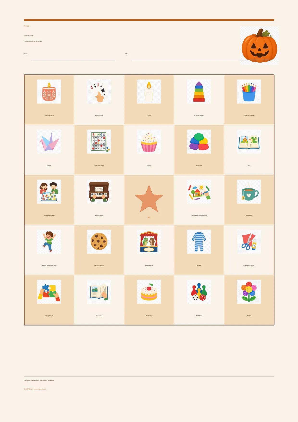 Rainy day bingo for kids ages 7–9 – Halloween theme – free printable A4 board