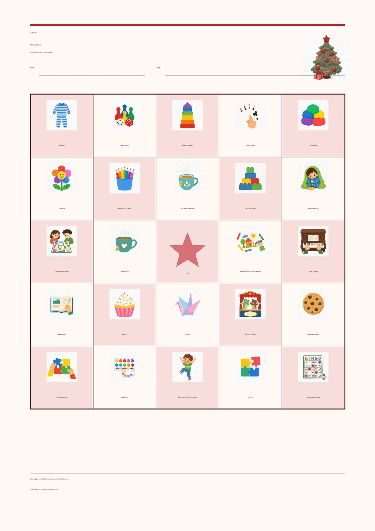 Rainy day bingo for kids ages 7–9 – Christmas theme – free printable A4 board