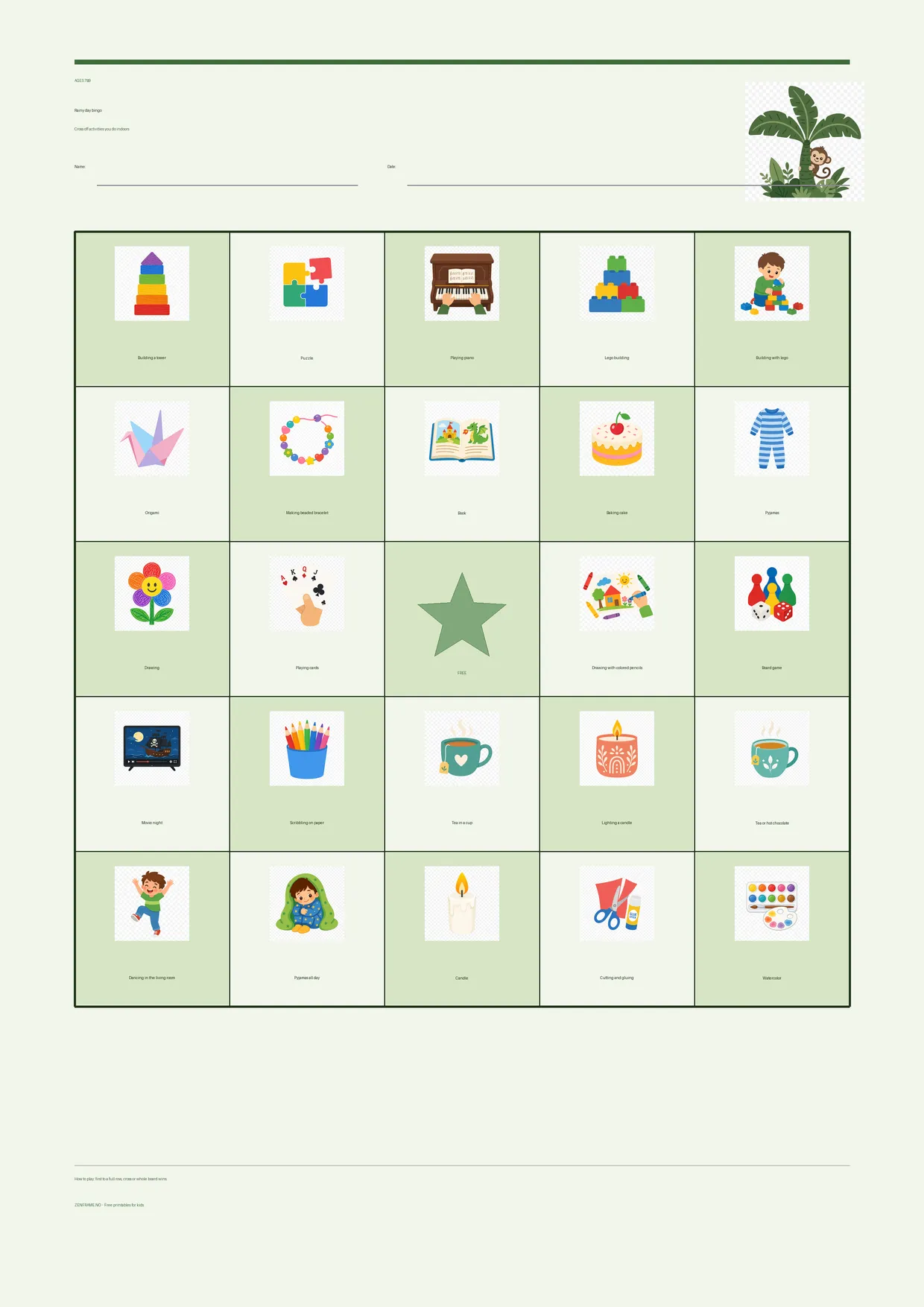 Rainy day bingo for kids ages 7–9 – Jungle theme – free printable A4 board
