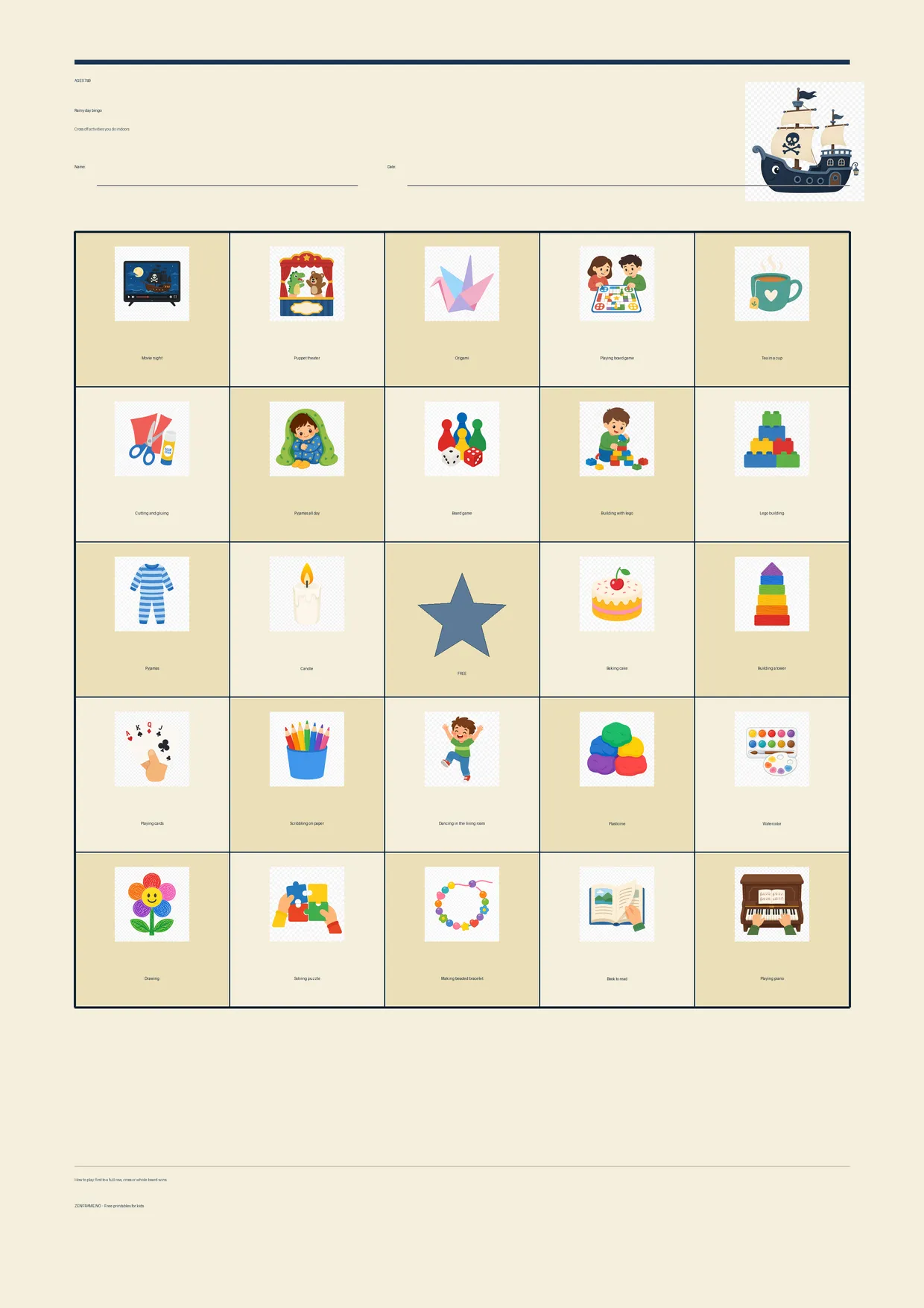 Rainy day bingo for kids ages 7–9 – Pirate theme – free printable A4 board