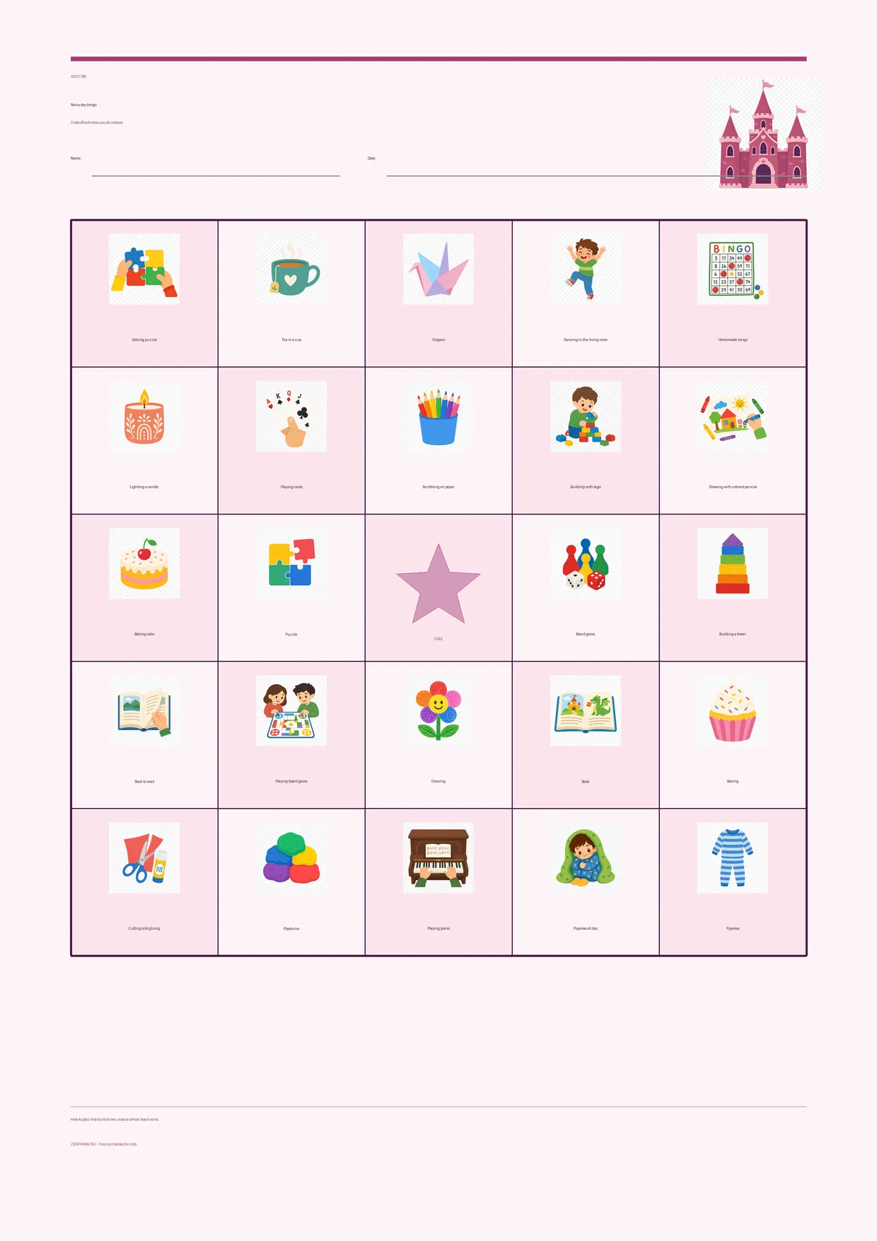 Rainy day bingo for kids ages 7–9 – Princess theme – free printable A4 board