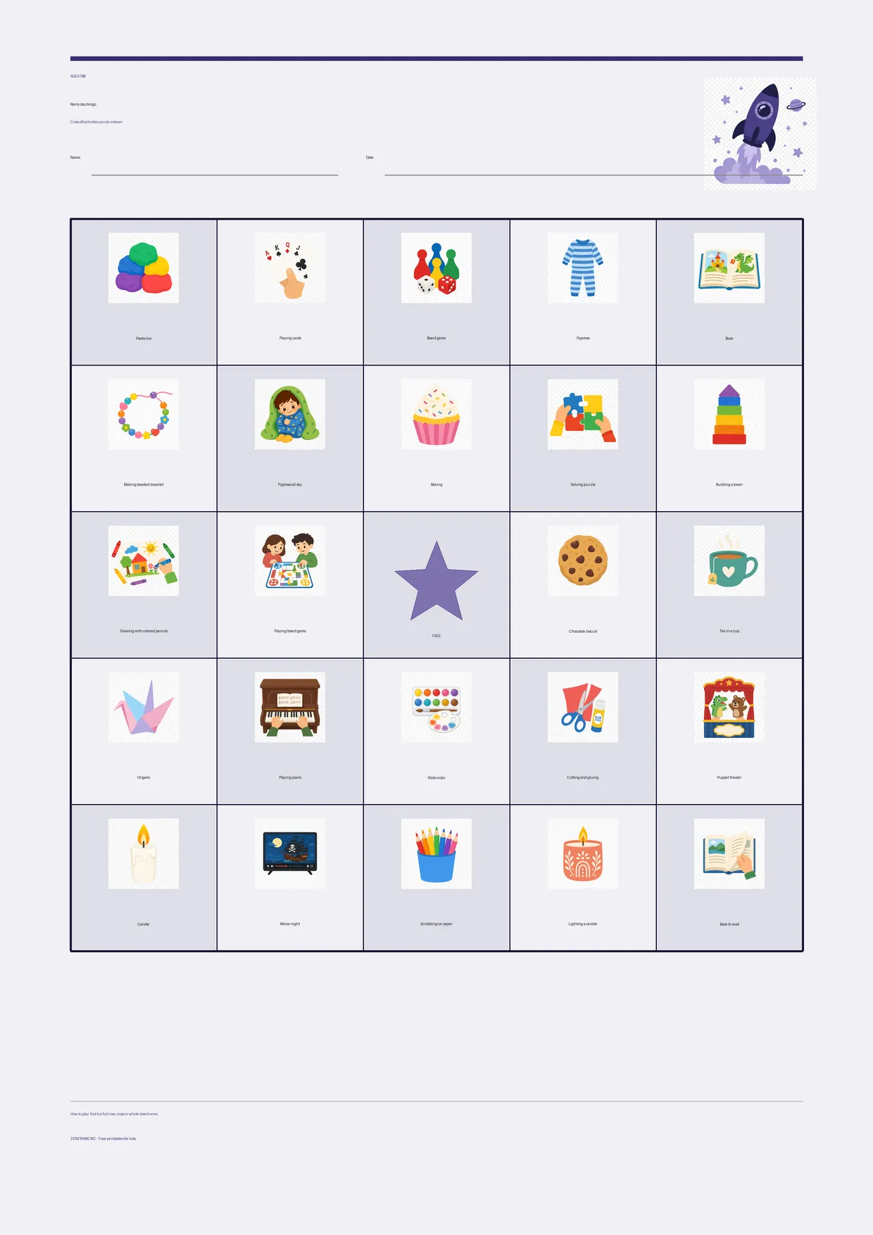 Rainy day bingo for kids ages 7–9 – Space theme – free printable A4 board