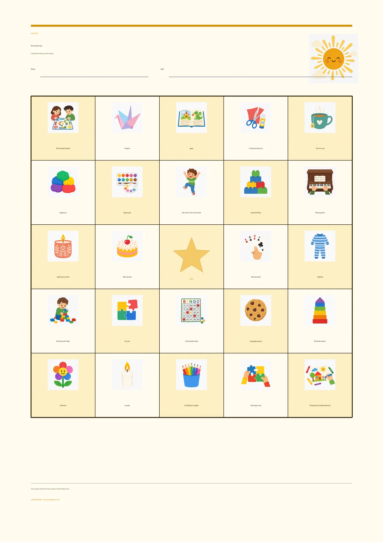 Rainy day bingo for kids ages 7–9 – Summer theme – free printable A4 board