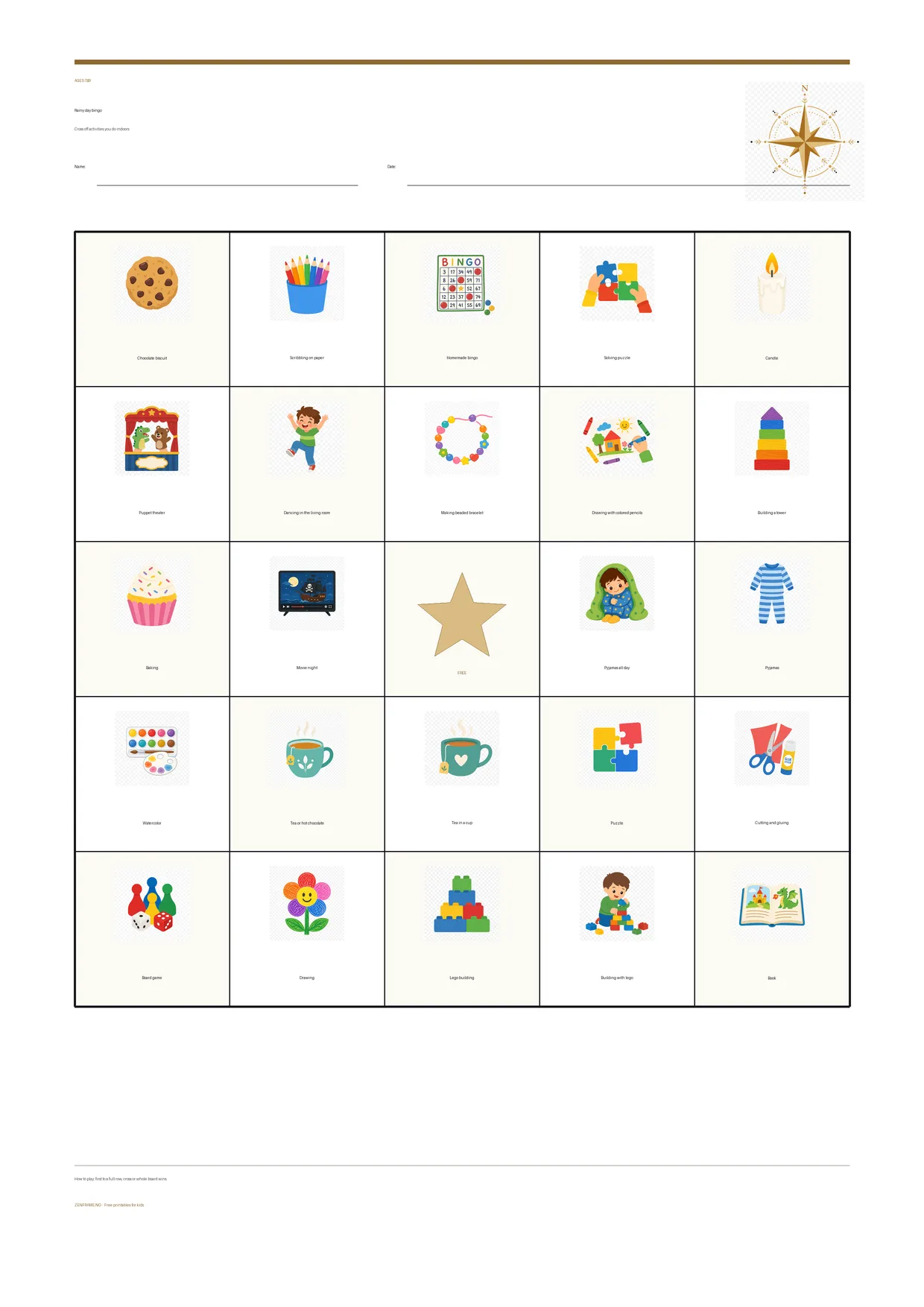 Rainy day bingo for kids ages 7–9 – free printable A4 board